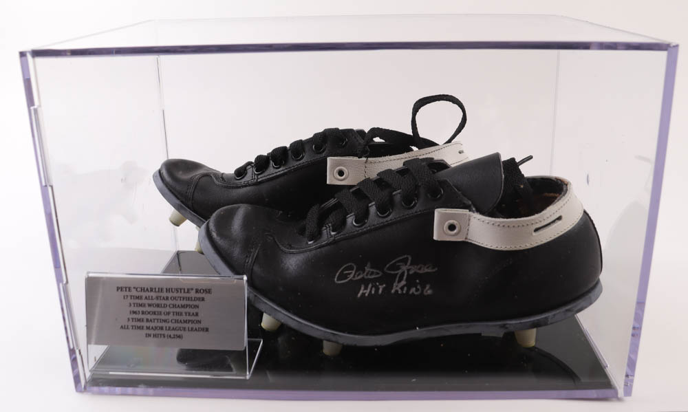 Pete Rose Signed Pair of Vintage Baseball Cleats with Display Case Inscribed "Hit King" (JSA & Rose) at PristineAuction.com Pete Rose Signed Pair of Vintage Baseball Cleats with Display Case Inscribed "Hit King" (JSA & Rose) at PristineAuction.com