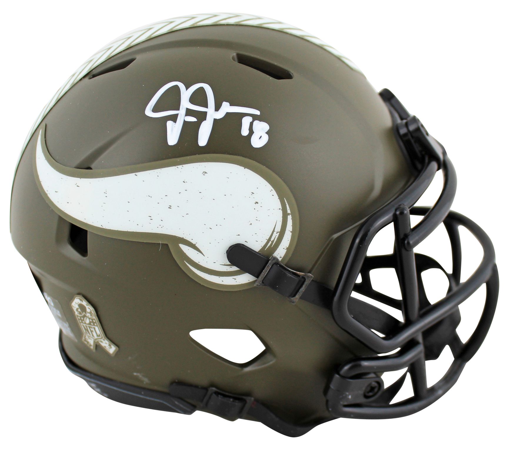 Justin Jefferson Signed Vikings Salute to Service Alternate Speed Mini Helmet (Beckett) at PristineAuction.com Justin Jefferson Signed Vikings Salute to Service Alternate Speed Mini Helmet (Beckett) at PristineAuction.com