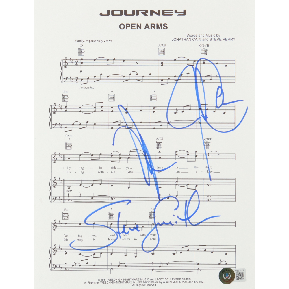 Journey "Open Arms" 8.5x11 Sheet Music Signed by (3) with Neal Schon, Steve Smith & Jonathan