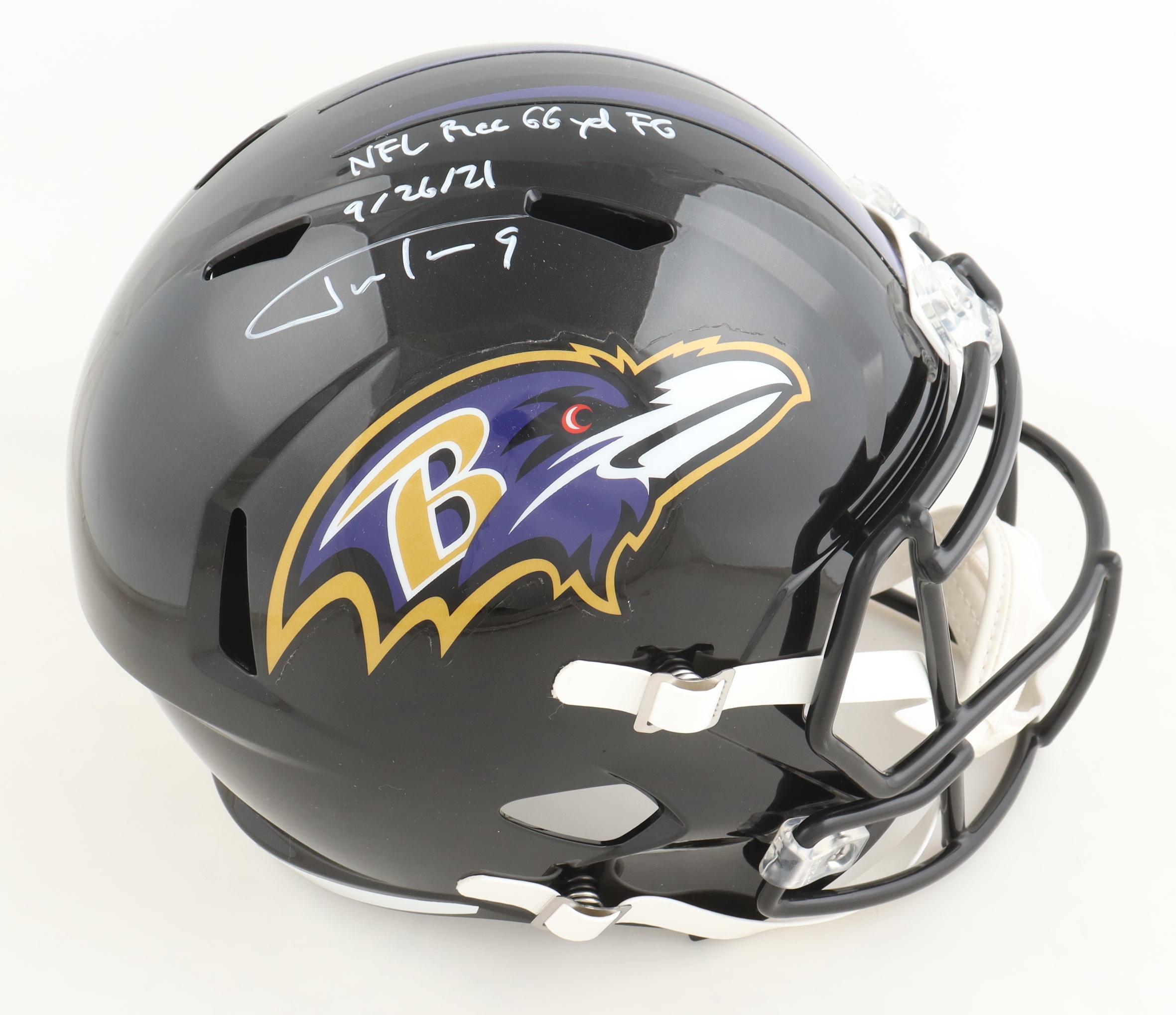 Justin Tucker Signed Ravens Full-Size Speed Helmet Inscribed "NFL Rec 66 YD FG 9/26/21" (JSA) at PristineAuction.com Justin Tucker Signed Ravens Full-Size Speed Helmet Inscribed "NFL Rec 66 YD FG 9/26/21" (JSA) at PristineAuction.com