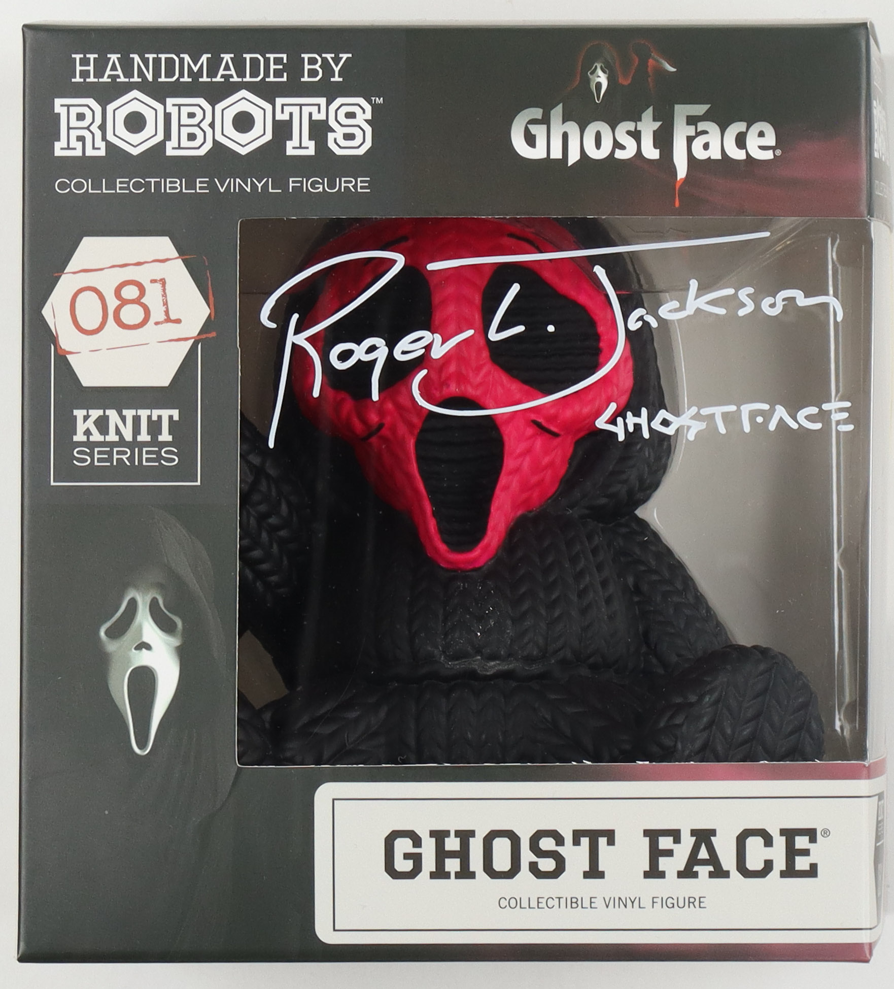 Roger L. Jackson Signed Handmade by Robots "Scream" #81 Knit Series Ghost Face 5" Vinyl Figure Inscribed "Ghostface" (JSA) at PristineAuction.com Roger L. Jackson Signed Handmade by Robots "Scream" #81 Knit Series Ghost Face 5" Vinyl Figure Inscribed "Ghostface" (JSA) at PristineAuction.com