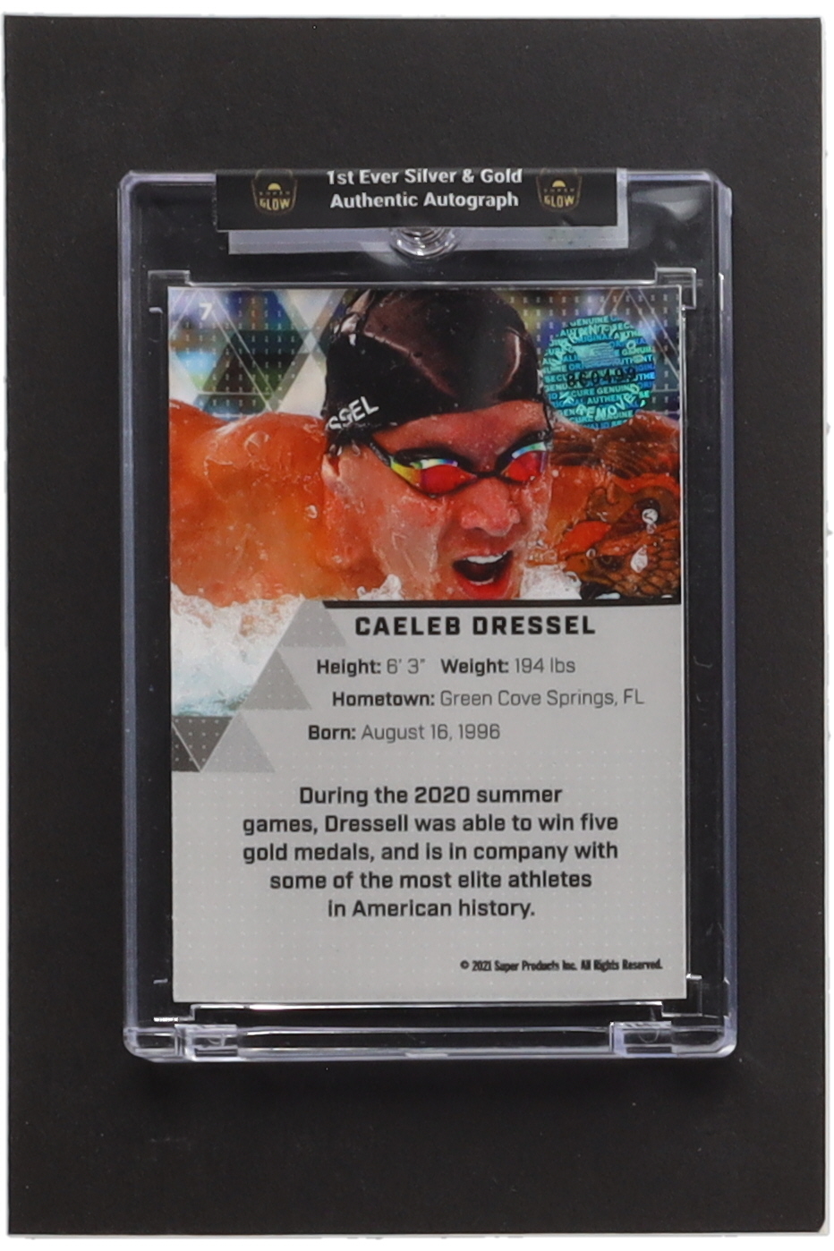 Caeleb Dressel 2021 Super Glow Holiday Silver and Gold Glow Autograph #7 at PristineAuction.com Caeleb Dressel 2021 Super Glow Holiday Silver and Gold Glow Autograph #7 at PristineAuction.com