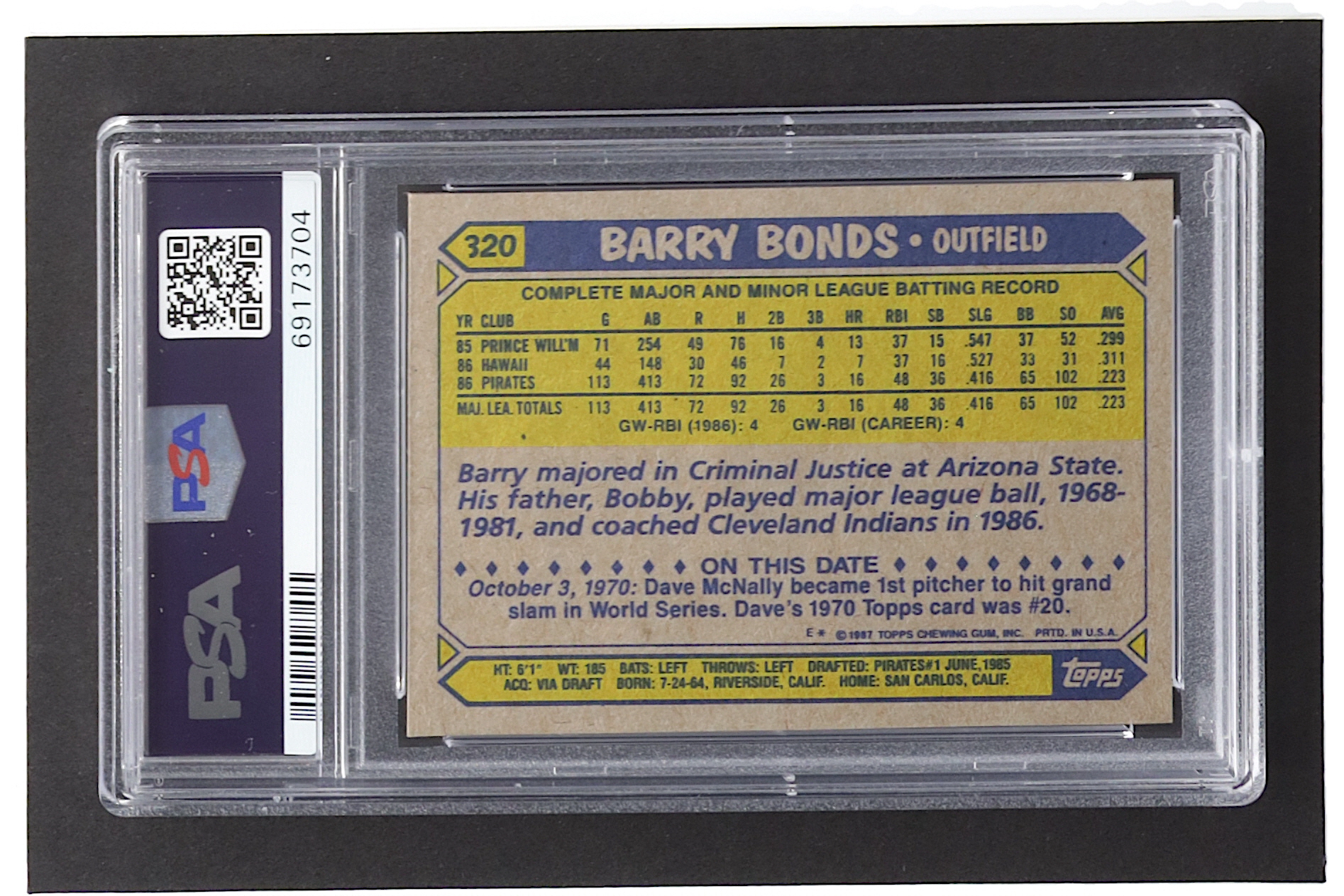 Barry Bonds 1987 Topps #320 RC (PSA 8) at PristineAuction.com Barry Bonds 1987 Topps #320 RC (PSA 8) at PristineAuction.com
