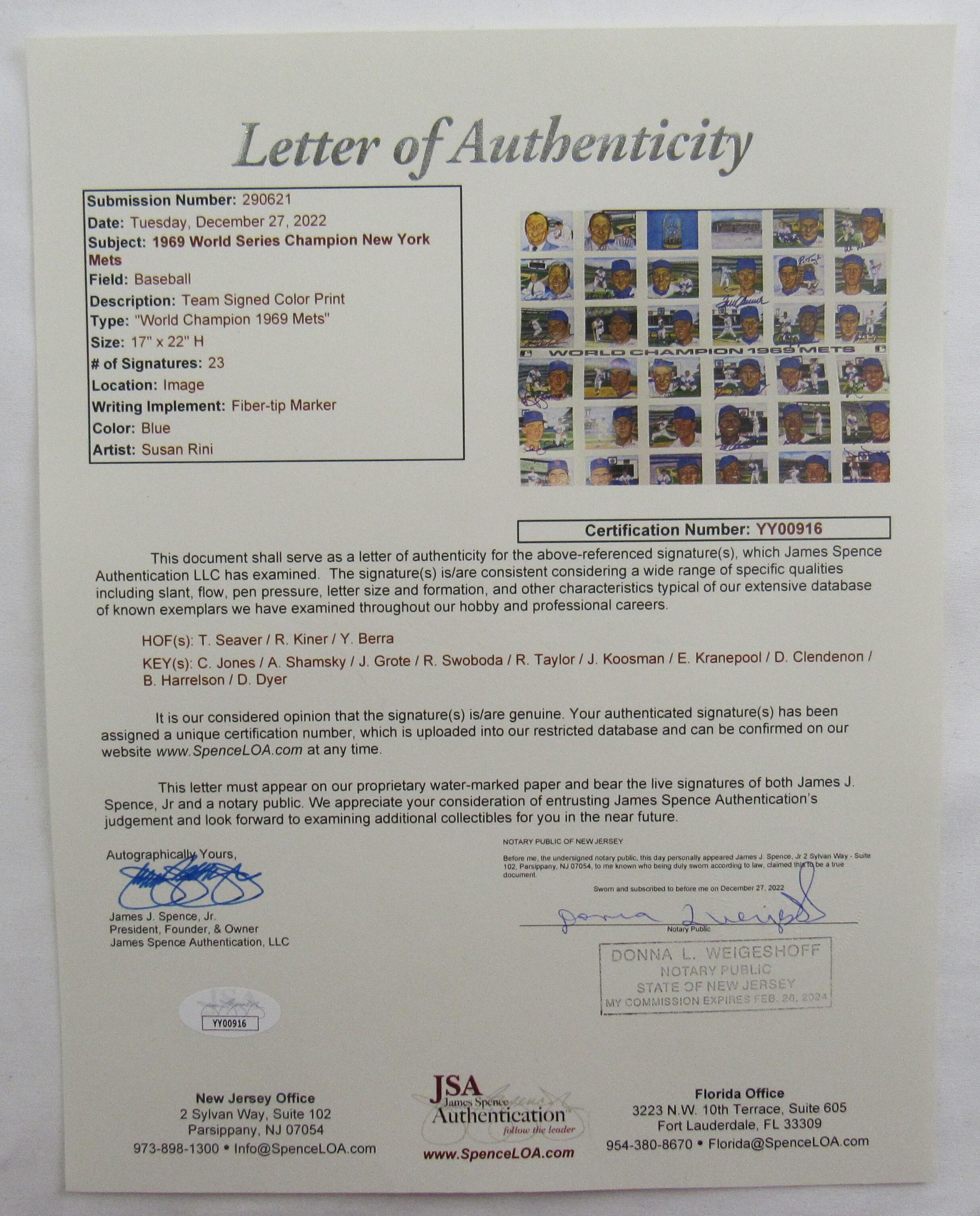 1969 World Champion Mets 17x22 Poster Team-Signed by (23) with Tom Seaver, Yogi Berra, Ralph Kiner, Art Shamsky, Jerry Koosman (JSA) at PristineAuction.com 1969 World Champion Mets 17x22 Poster Team-Signed by (23) with Tom Seaver, Yogi Berra, Ralph Kiner, Art Shamsky, Jerry Koosman (JSA) at PristineAuction.com