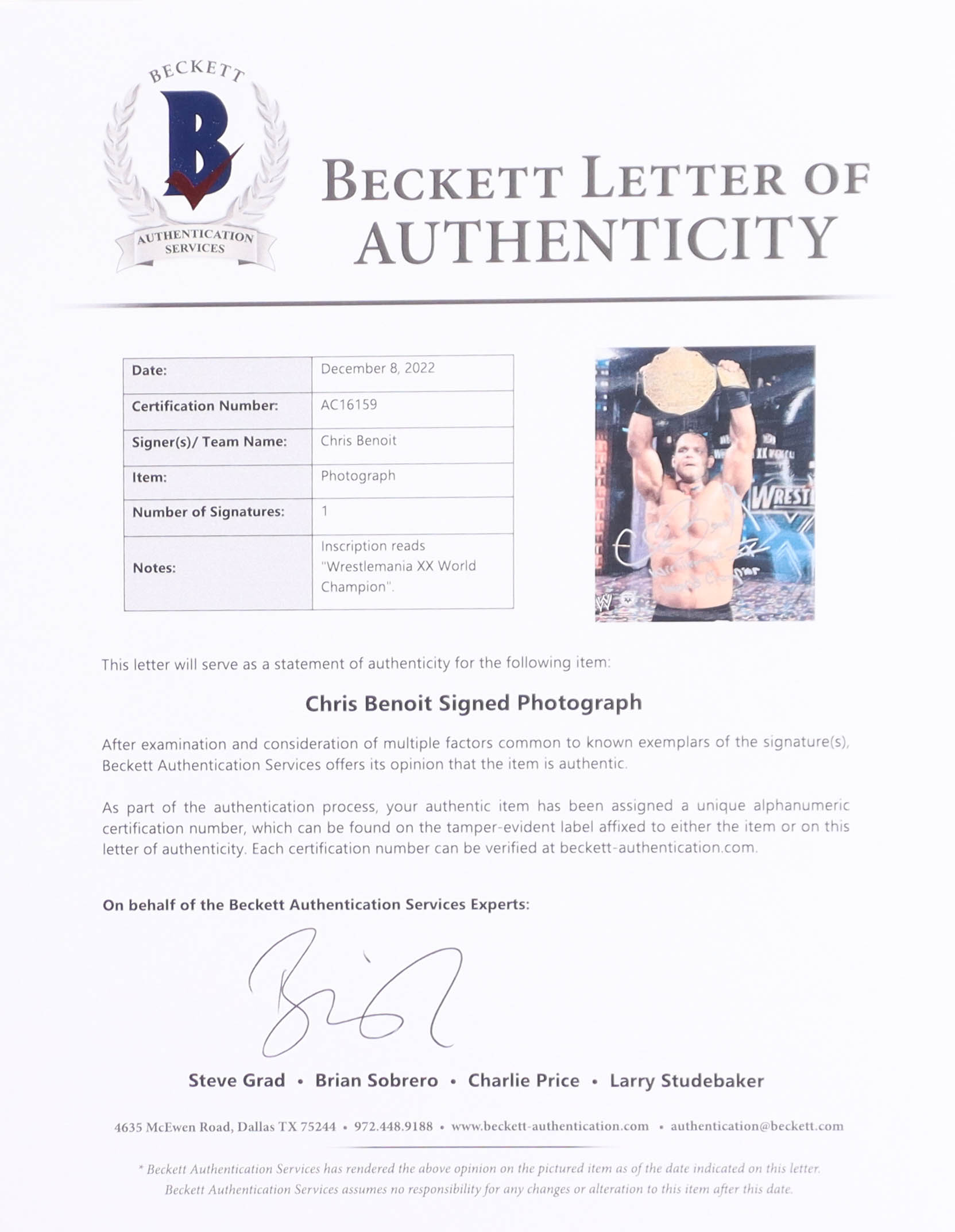 Chris Benoit Signed WWE 8x10 Photo Inscribed "Wrestlemania XX World Champion" (Beckett) at PristineAuction.com Chris Benoit Signed WWE 8x10 Photo Inscribed "Wrestlemania XX World Champion" (Beckett) at PristineAuction.com