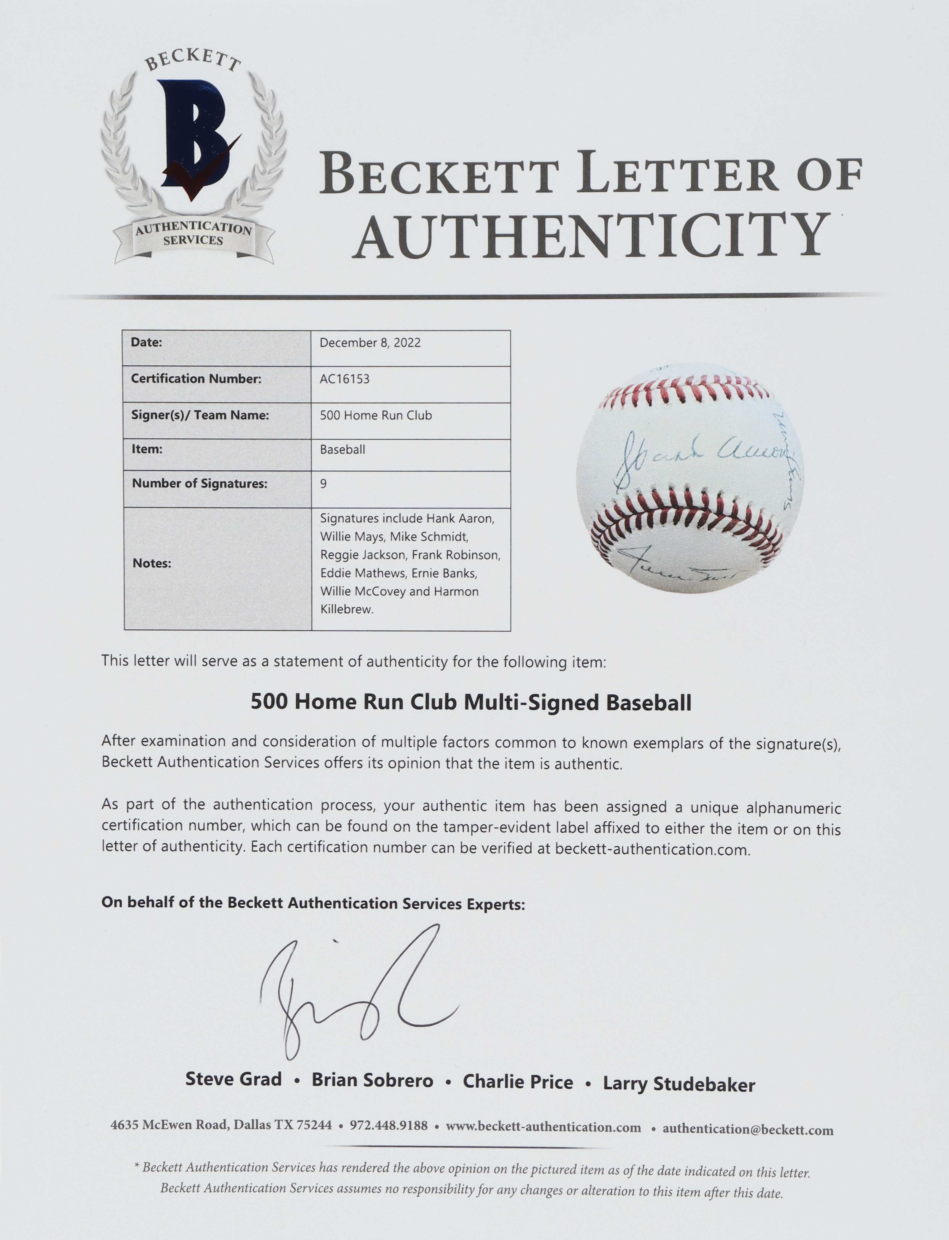 "500 Home Run Club" ONL Baseball Signed by (9) with Hank Aaron, Willie Mays, Ernie Banks, Eddie Mathews (Beckett LOA) at PristineAuction.com "500 Home Run Club" ONL Baseball Signed by (9) with Hank Aaron, Willie Mays, Ernie Banks, Eddie Mathews (Beckett LOA) at PristineAuction.com