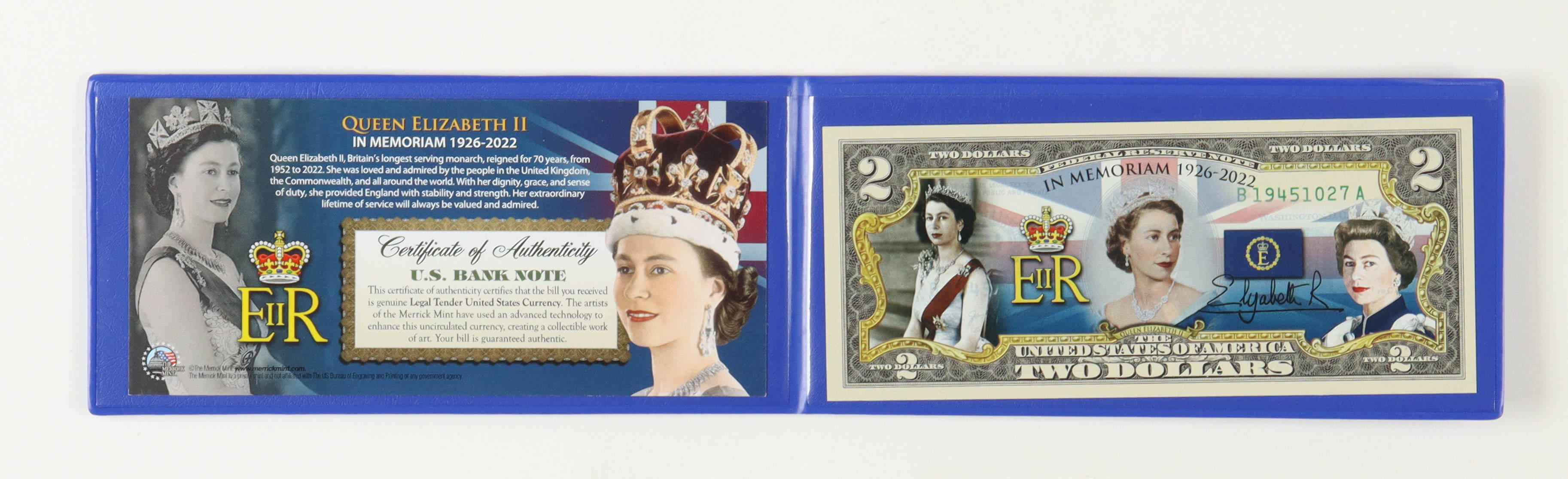Queen Elizabeth II Genuine Legal Tender Colorized U.S. $2.00 Two Dollar Bill Commemorative Edition Bank Note with Folder at PristineAuction.com Queen Elizabeth II Genuine Legal Tender Colorized U.S. $2.00 Two Dollar Bill Commemorative Edition Bank Note with Folder at PristineAuction.com
