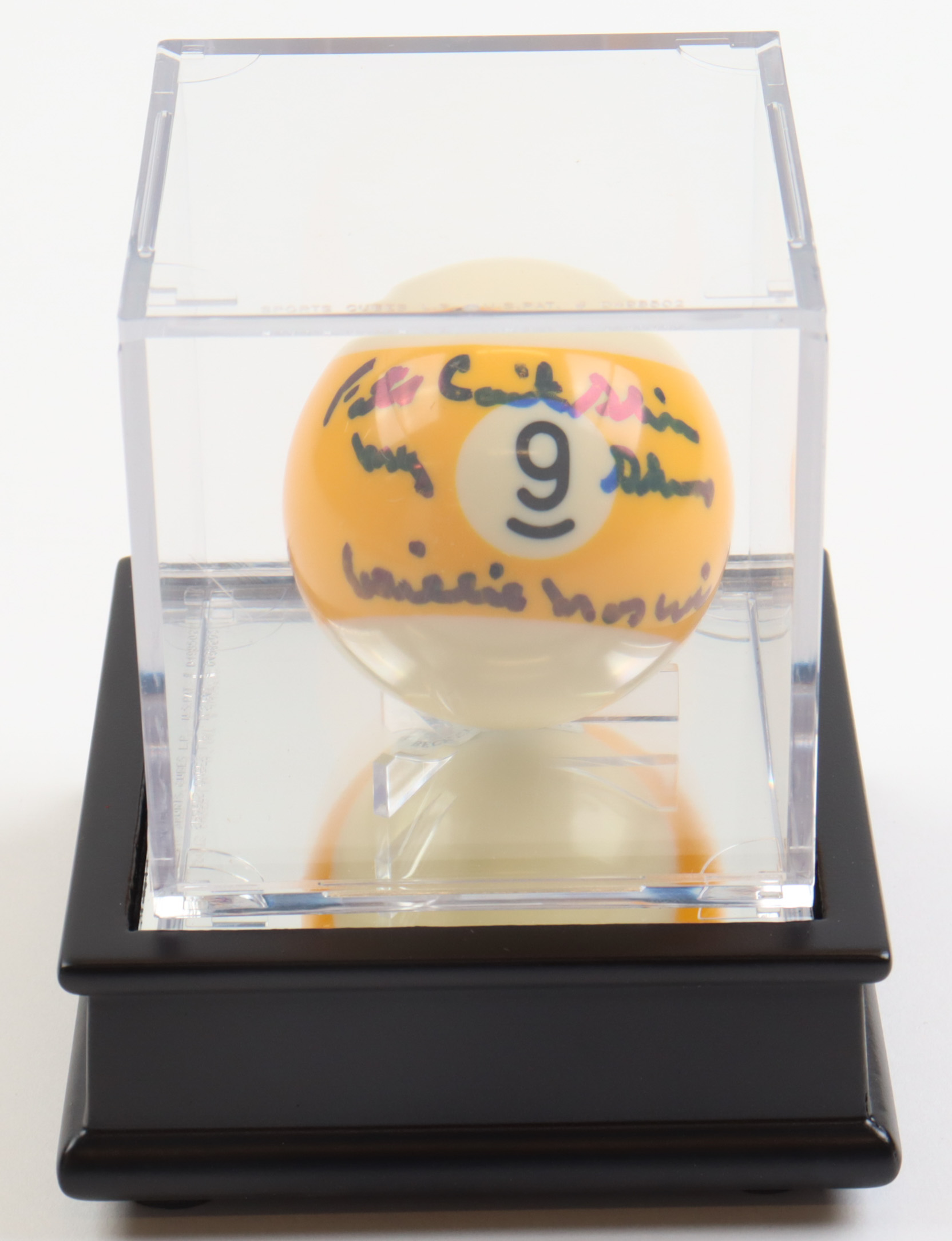 Willie Mosconi Signed #9 Billiard Ball with All Wood Display Case Inscribed "Fats Can't Shine My Shoes" (Beckett) at PristineAuction.com Willie Mosconi Signed #9 Billiard Ball with All Wood Display Case Inscribed "Fats Can't Shine My Shoes" (Beckett) at PristineAuction.com