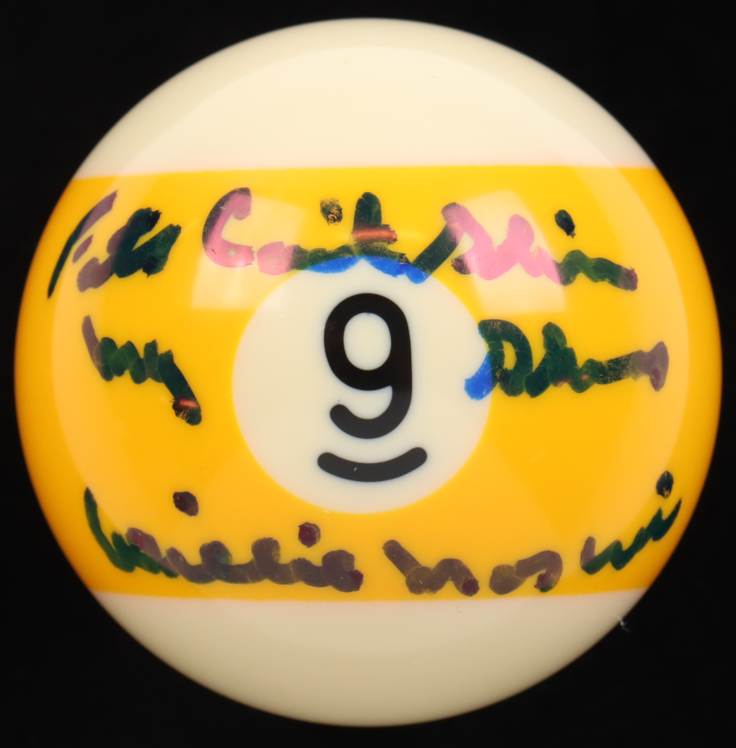 Willie Mosconi Signed #9 Billiard Ball with All Wood Display Case Inscribed "Fats Can't Shine My Shoes" (Beckett) at PristineAuction.com Willie Mosconi Signed #9 Billiard Ball with All Wood Display Case Inscribed "Fats Can't Shine My Shoes" (Beckett) at PristineAuction.com