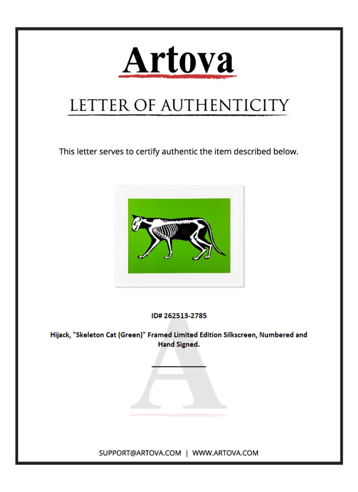 "Skeleton Cat (Green)" LE 35x28 Custom Framed Silkscreen by Hijack (Artova) at PristineAuction.com "Skeleton Cat (Green)" LE 35x28 Custom Framed Silkscreen by Hijack (Artova) at PristineAuction.com