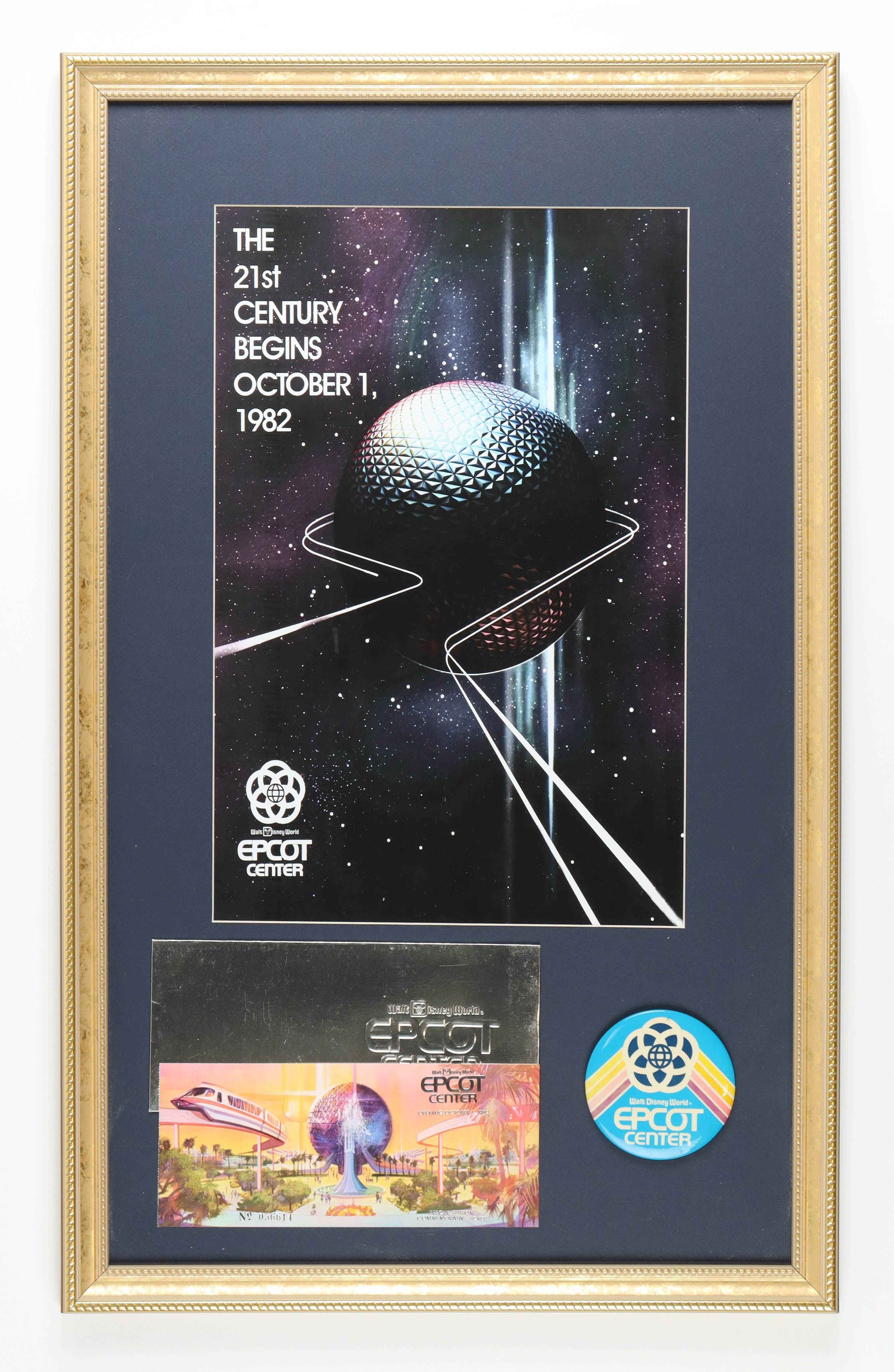 Walt Disney's "Epcot Center" Custom Framed Print Display with Epcot Lapel Pin & Opening Day Commemorative Ticket Envelope at PristineAuction.com Walt Disney's "Epcot Center" Custom Framed Print Display with Epcot Lapel Pin & Opening Day Commemorative Ticket Envelope at PristineAuction.com