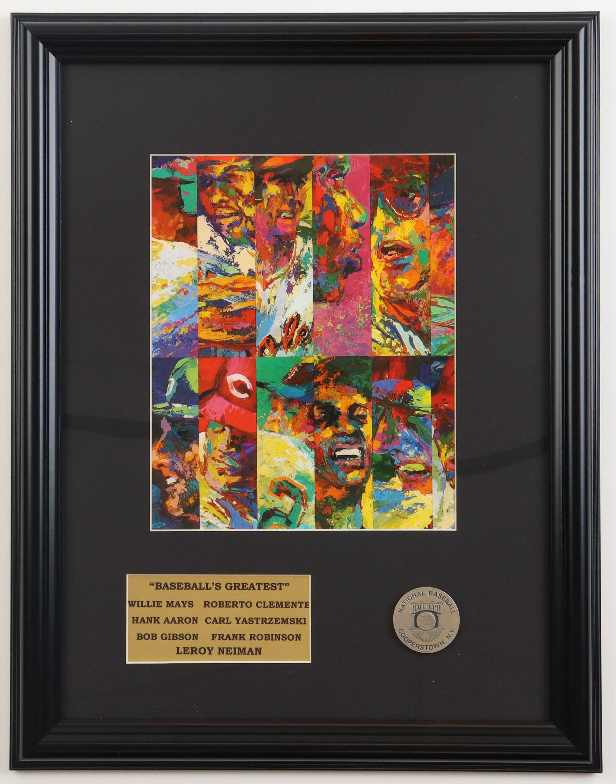 Leroy Neiman "Baseball's Greatest" Custom Framed Print Display with Vintage Hall of Fame Emblem with Willie Mays, Hank Aaron, Bob Gibson & Roberto Clemente at PristineAuction.com Leroy Neiman "Baseball's Greatest" Custom Framed Print Display with Vintage Hall of Fame Emblem with Willie Mays, Hank Aaron, Bob Gibson & Roberto Clemente at PristineAuction.com