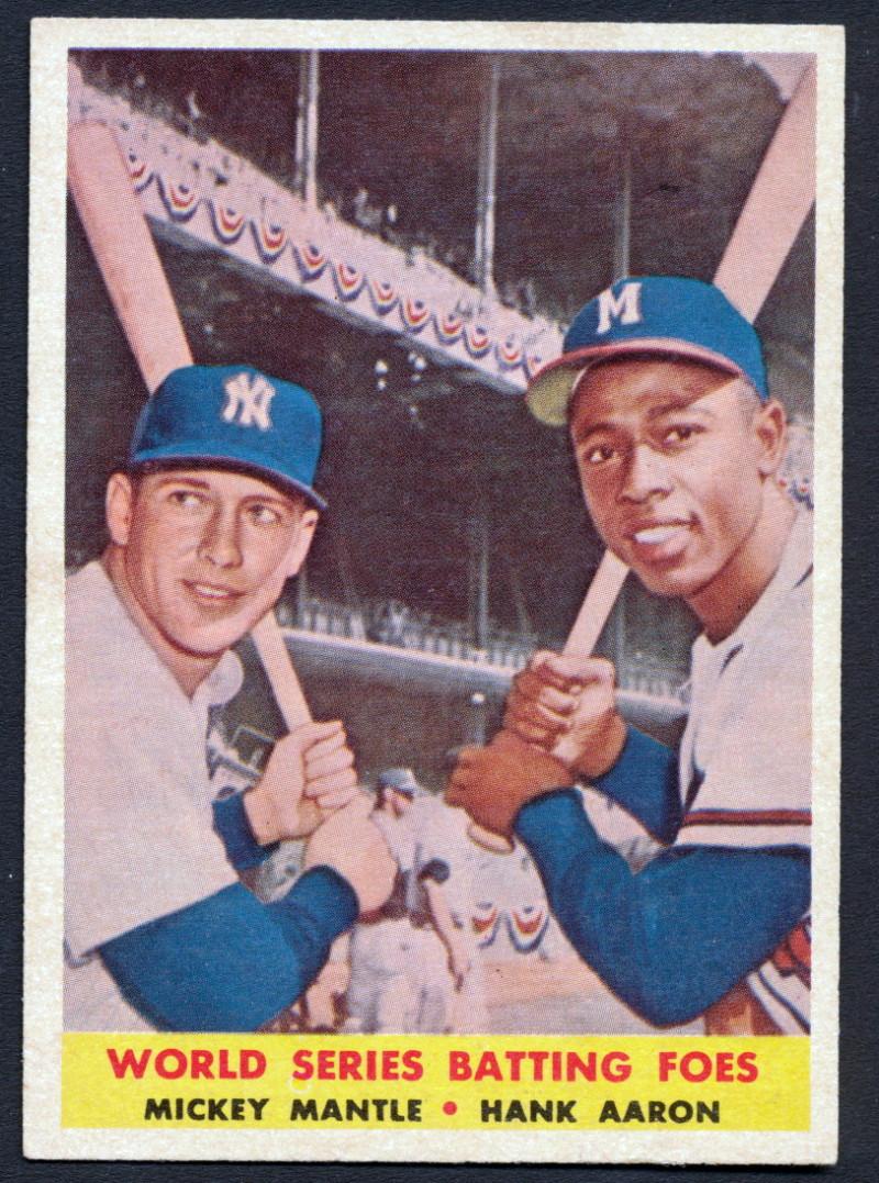 Mickey Mantle / Hank Aaron 1958 Topps #418 World Series Batting Foes at PristineAuction.com Mickey Mantle / Hank Aaron 1958 Topps #418 World Series Batting Foes at PristineAuction.com