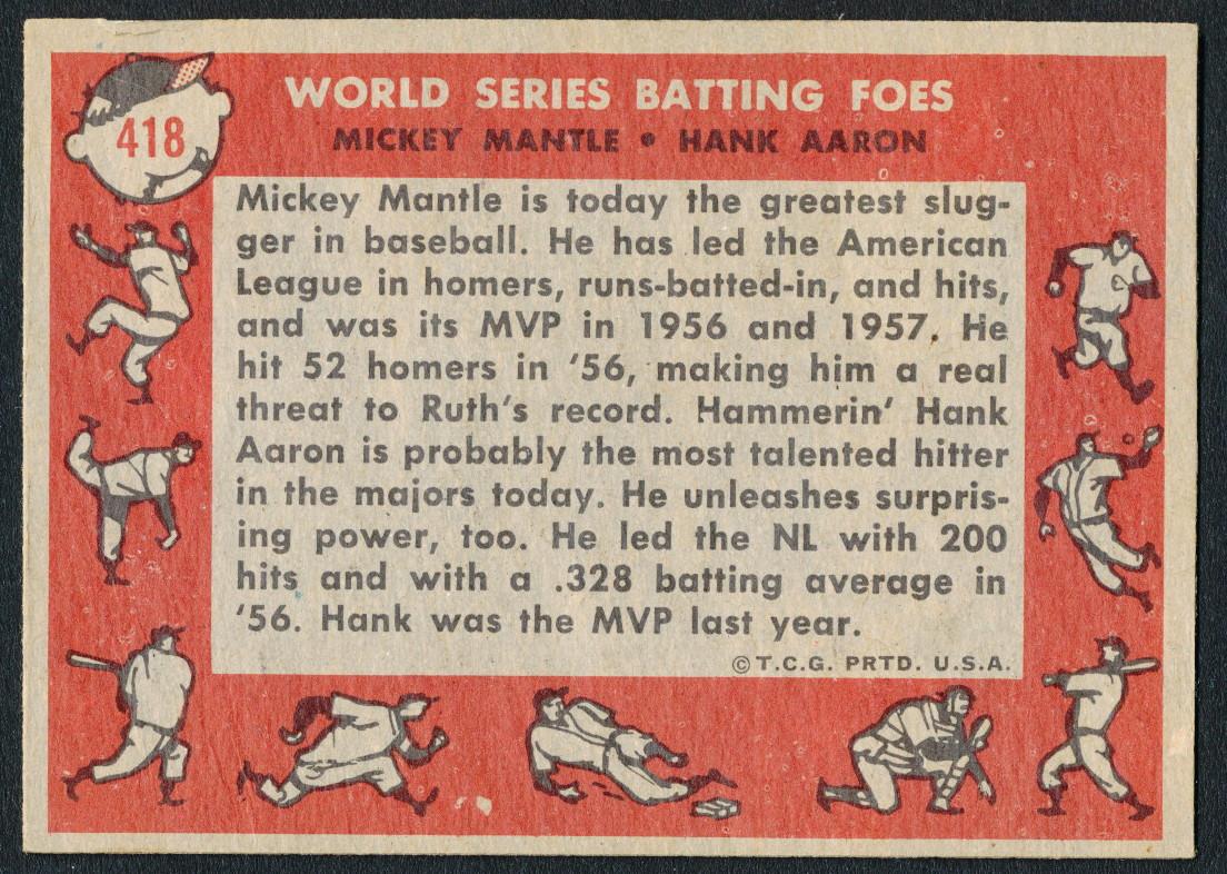 Mickey Mantle / Hank Aaron 1958 Topps #418 World Series Batting Foes at PristineAuction.com Mickey Mantle / Hank Aaron 1958 Topps #418 World Series Batting Foes at PristineAuction.com