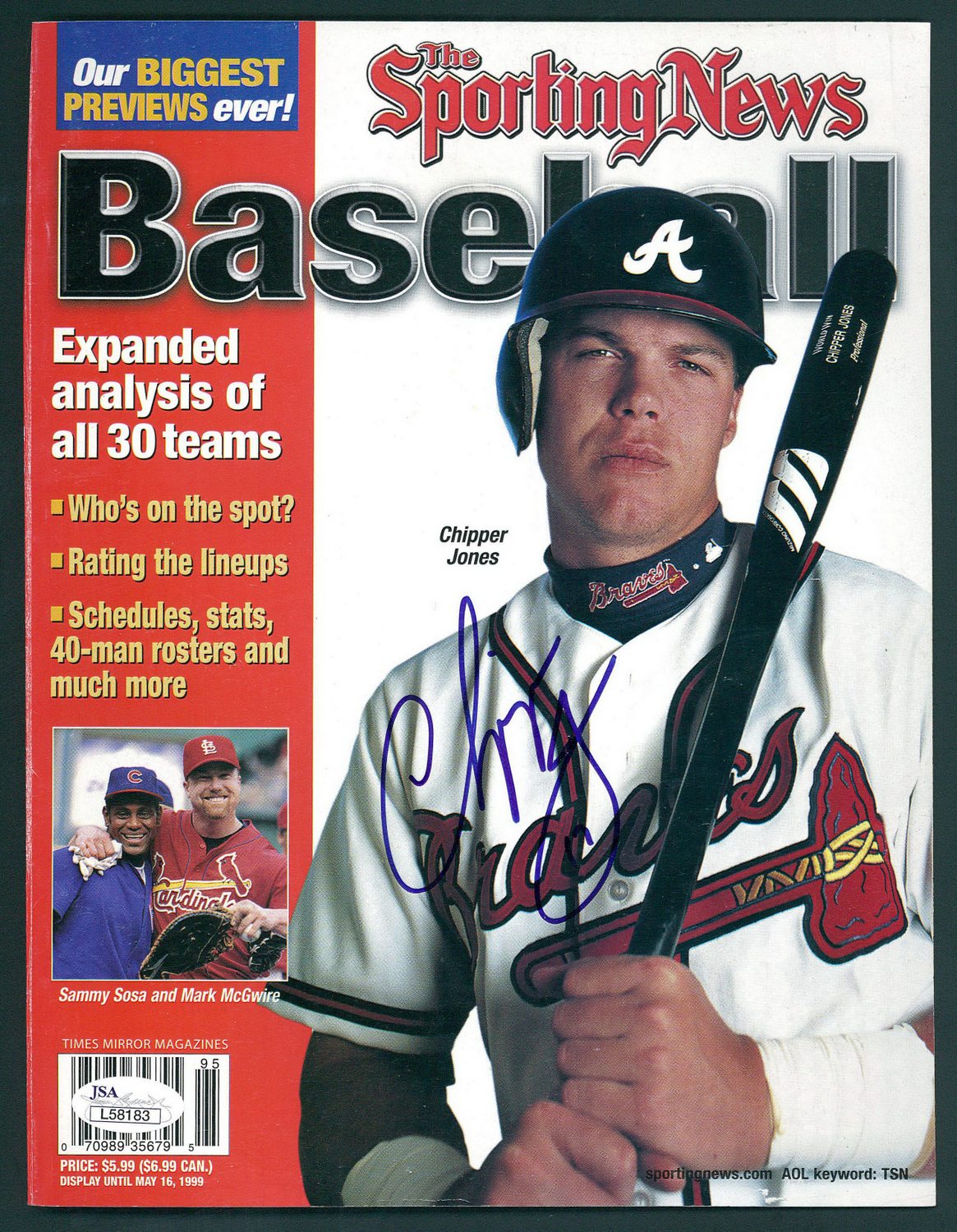 Chipper Jones Signed Braves 1999 "The Sporting News" Magazine Cover (JSA COA) at PristineAuction.com Chipper Jones Signed Braves 1999 "The Sporting News" Magazine Cover (JSA COA) at PristineAuction.com