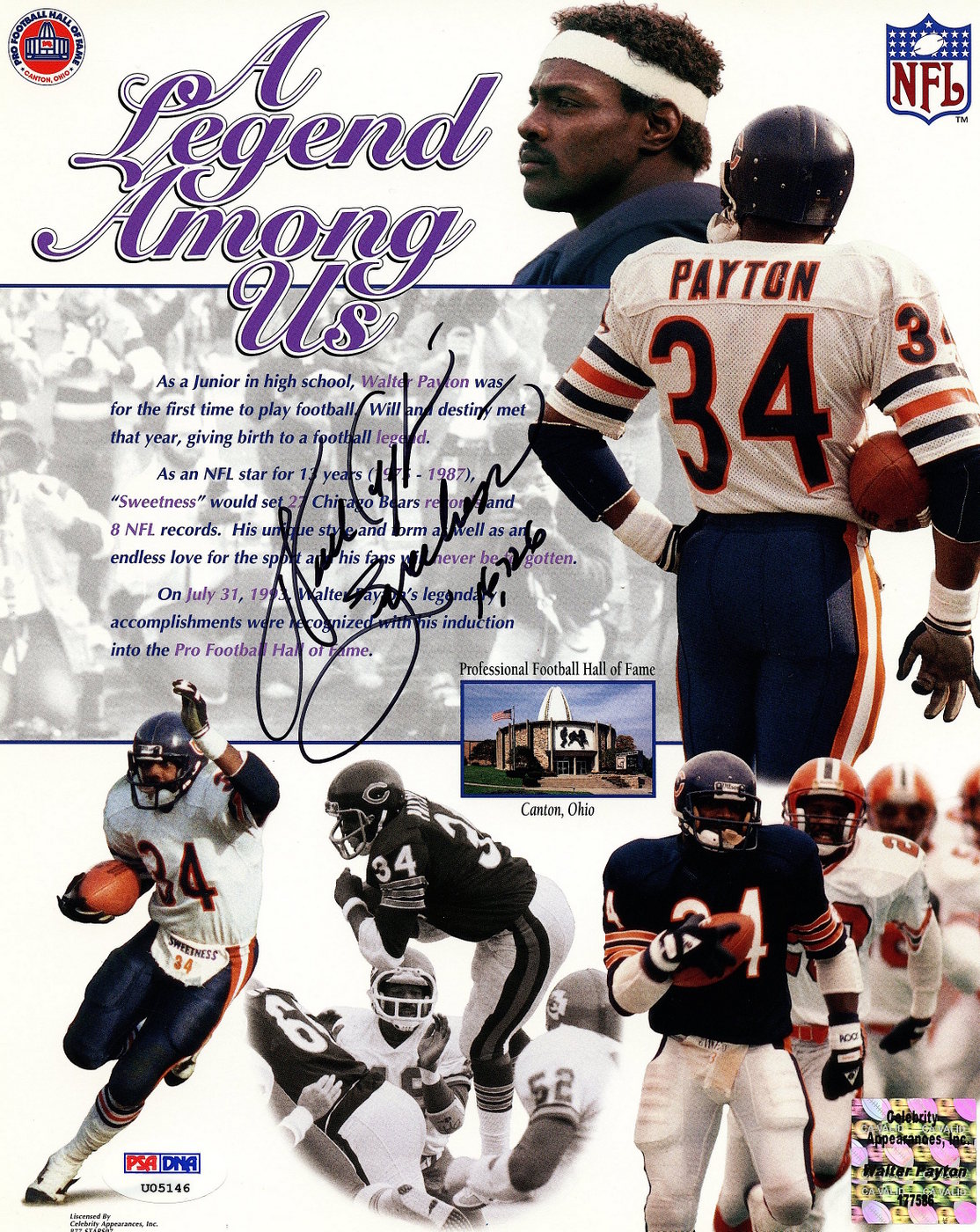 Walter Payton Signed Bears "A Legend Among Us" 8x10 Photo Inscribed "Sweetness" & "16,726" (PSA & Payton) at PristineAuction.com Walter Payton Signed Bears "A Legend Among Us" 8x10 Photo Inscribed "Sweetness" & "16,726" (PSA & Payton) at PristineAuction.com