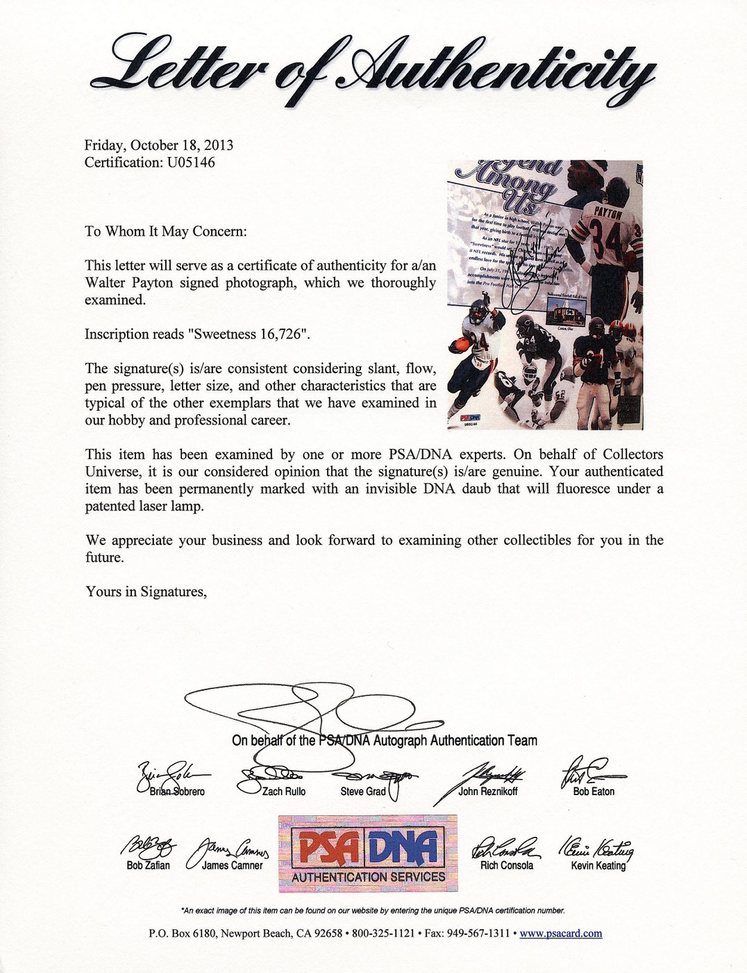 Walter Payton Signed Bears "A Legend Among Us" 8x10 Photo Inscribed "Sweetness" & "16,726" (PSA & Payton) at PristineAuction.com Walter Payton Signed Bears "A Legend Among Us" 8x10 Photo Inscribed "Sweetness" & "16,726" (PSA & Payton) at PristineAuction.com