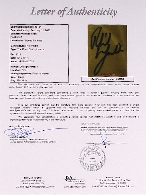 Phil Mickelson Signed 2013 The Open Championship Flag (JSA LOA) at PristineAuction.com Phil Mickelson Signed 2013 The Open Championship Flag (JSA LOA) at PristineAuction.com