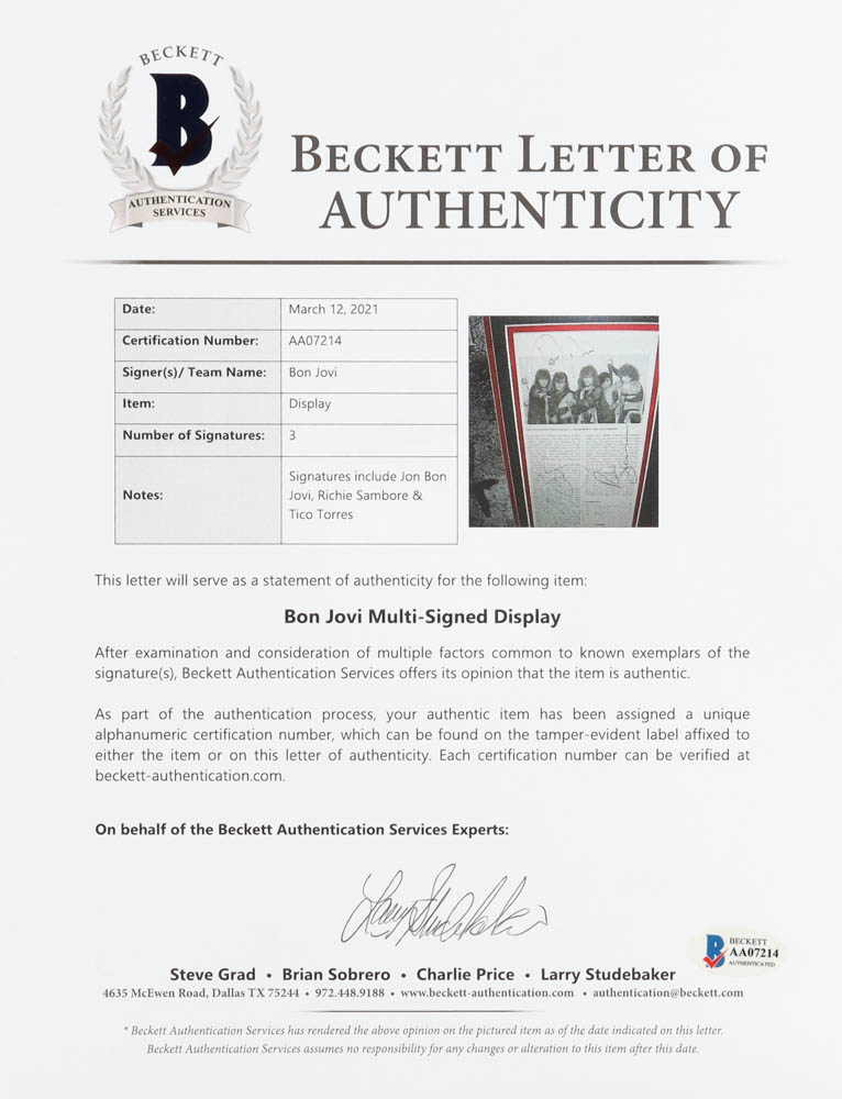 Jon Bon Jovi, Richie Sambore & Tico Torres Signed Custom Framed Cut Display with Vinyl Record Album (Beckett) at PristineAuction.com Jon Bon Jovi, Richie Sambore & Tico Torres Signed Custom Framed Cut Display with Vinyl Record Album (Beckett) at PristineAuction.com