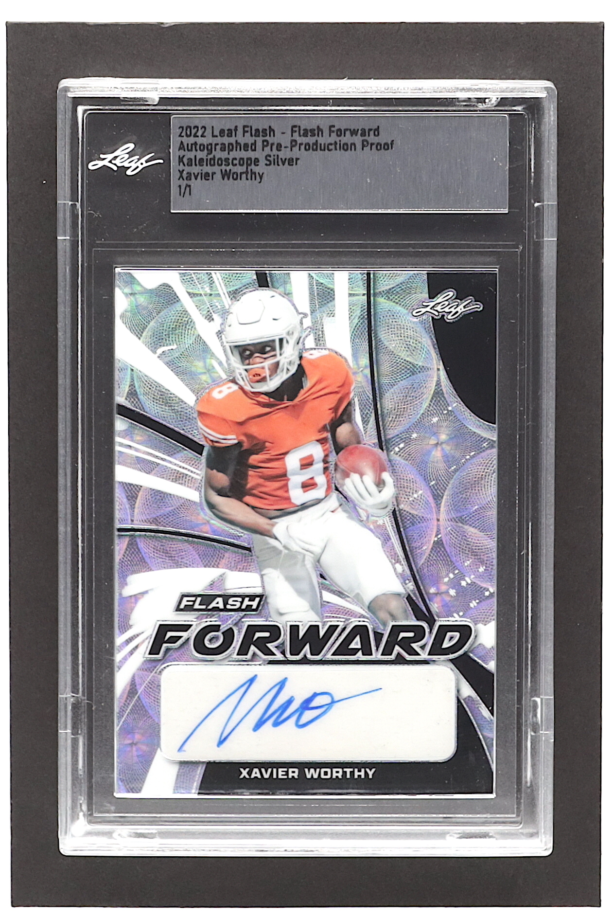 Xavier Worthy 2022 Leaf Flash Flash Forward Autographed Pre-Production Proof Kaleidoscope Silver #1/1 (Leaf) at PristineAuction.com Xavier Worthy 2022 Leaf Flash Flash Forward Autographed Pre-Production Proof Kaleidoscope Silver #1/1 (Leaf) at PristineAuction.com