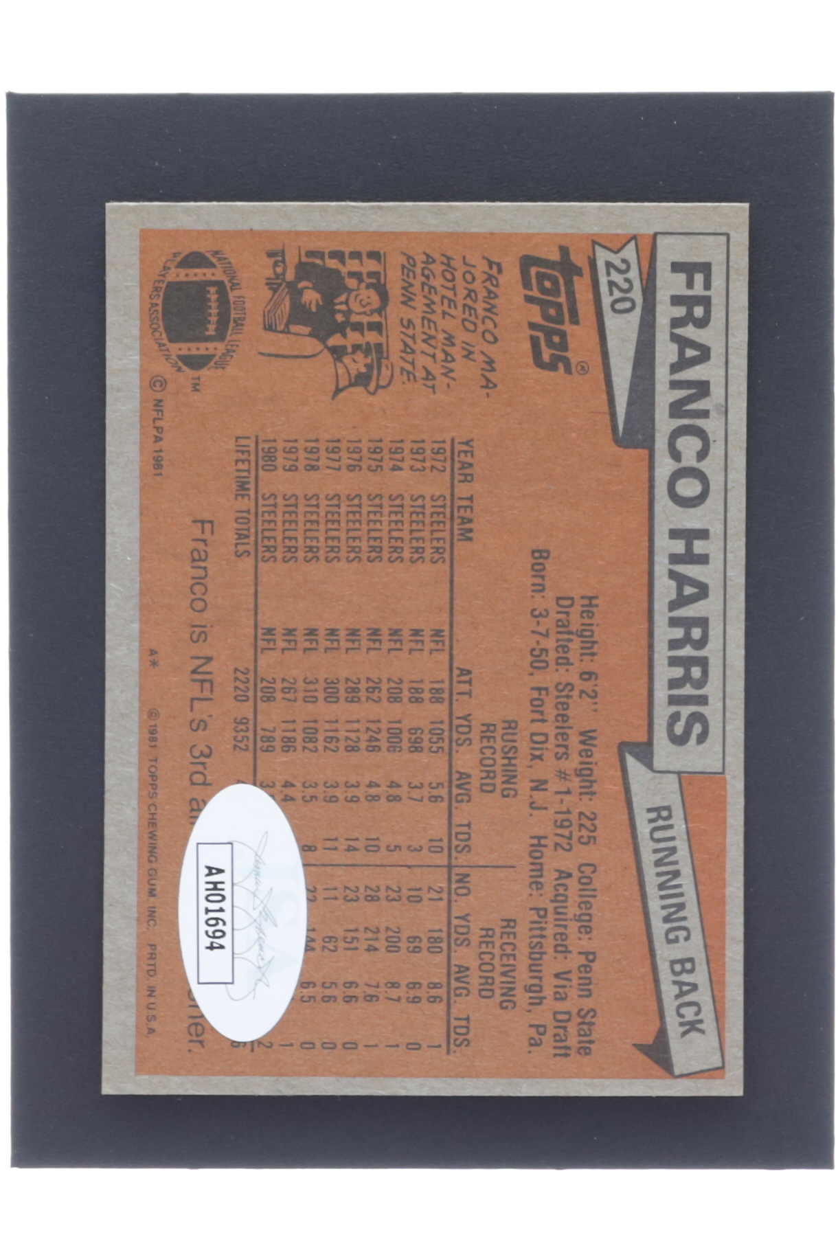 Franco Harris Signed 1981 Topps #220 (JSA) at PristineAuction.com Franco Harris Signed 1981 Topps #220 (JSA) at PristineAuction.com