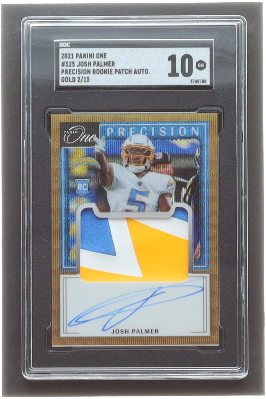 Josh Palmer 2021 Panini One Precision Rookie Patch Autographs Gold #325 RC #2/15 (SGC 10) at PristineAuction.com Josh Palmer 2021 Panini One Precision Rookie Patch Autographs Gold #325 RC #2/15 (SGC 10) at PristineAuction.com