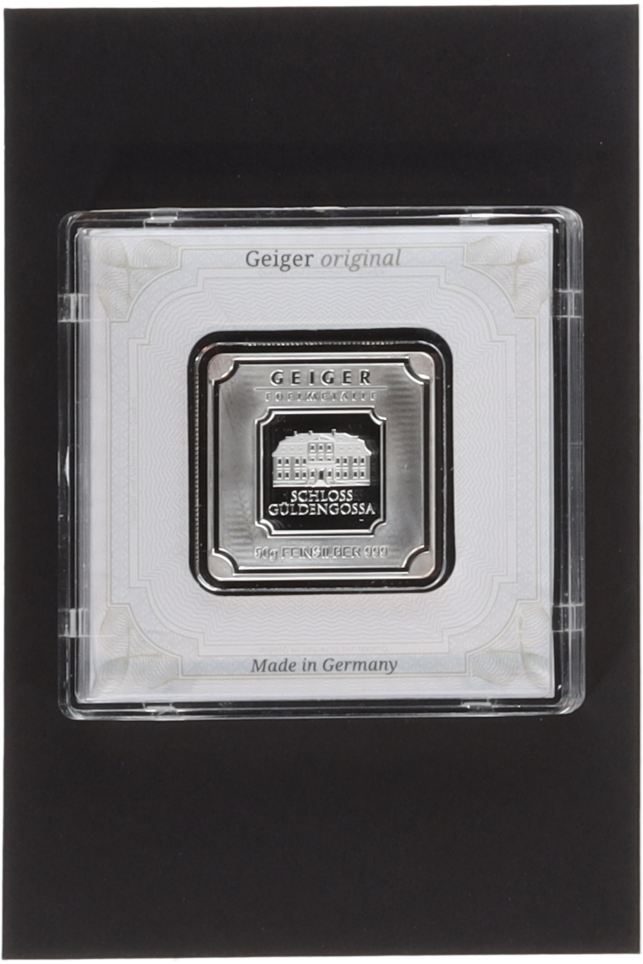 50 Gram .999 Fine Silver Geiger Bullion Square Bar Encapsulated with Assay at PristineAuction.com 50 Gram .999 Fine Silver Geiger Bullion Square Bar Encapsulated with Assay at PristineAuction.com