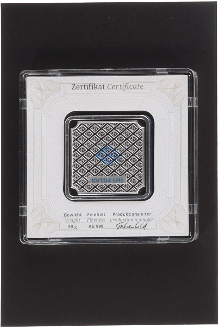 50 Gram .999 Fine Silver Geiger Bullion Square Bar Encapsulated with Assay at PristineAuction.com 50 Gram .999 Fine Silver Geiger Bullion Square Bar Encapsulated with Assay at PristineAuction.com