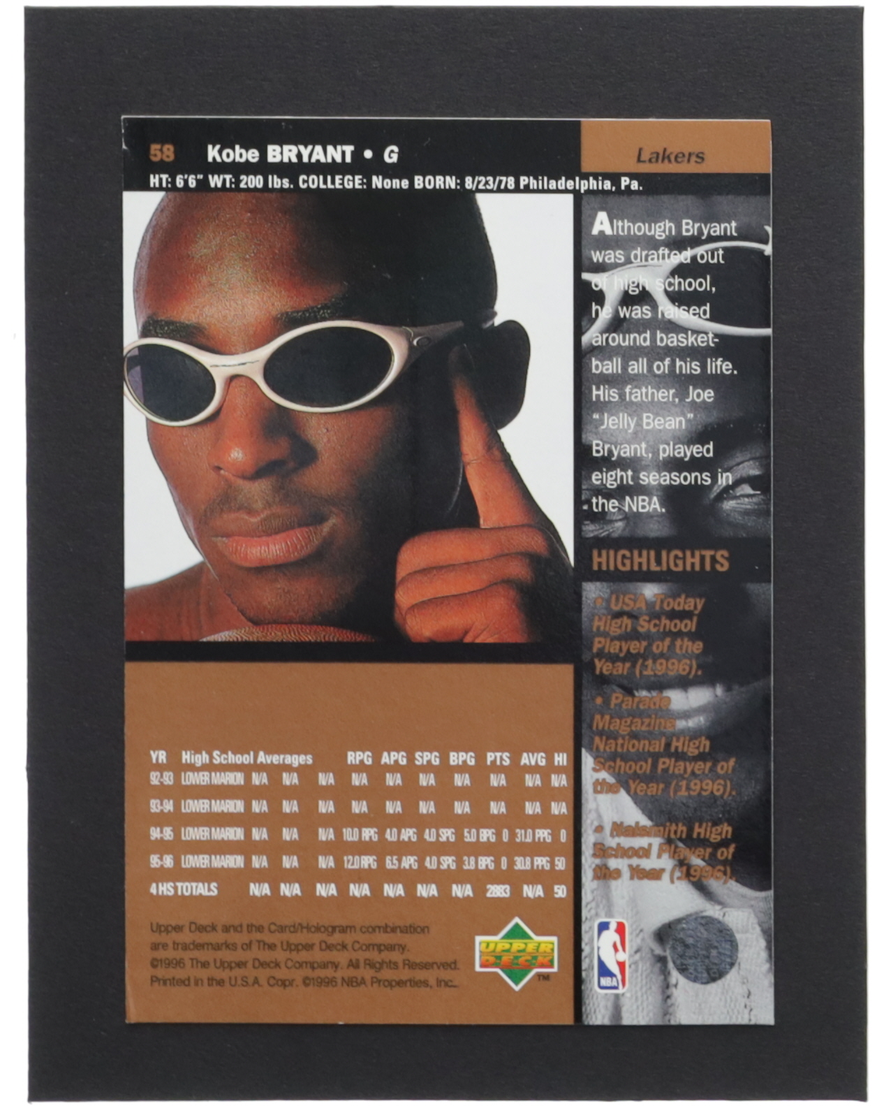 Kobe Bryant 1996-97 Upper Deck #58 RC at PristineAuction.com Kobe Bryant 1996-97 Upper Deck #58 RC at PristineAuction.com