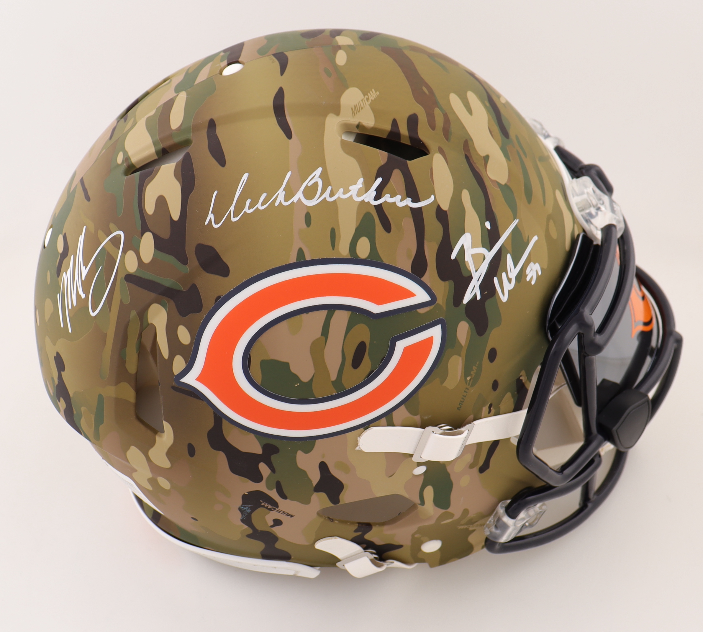 Mike Singletary, Dick Butkus & Brian Urlacher Signed Bears Full-Size Authentic On-Field Camo Alternate Speed Helmet with Visor (Beckett) at PristineAuction.com Mike Singletary, Dick Butkus & Brian Urlacher Signed Bears Full-Size Authentic On-Field Camo Alternate Speed Helmet with Visor (Beckett) at PristineAuction.com