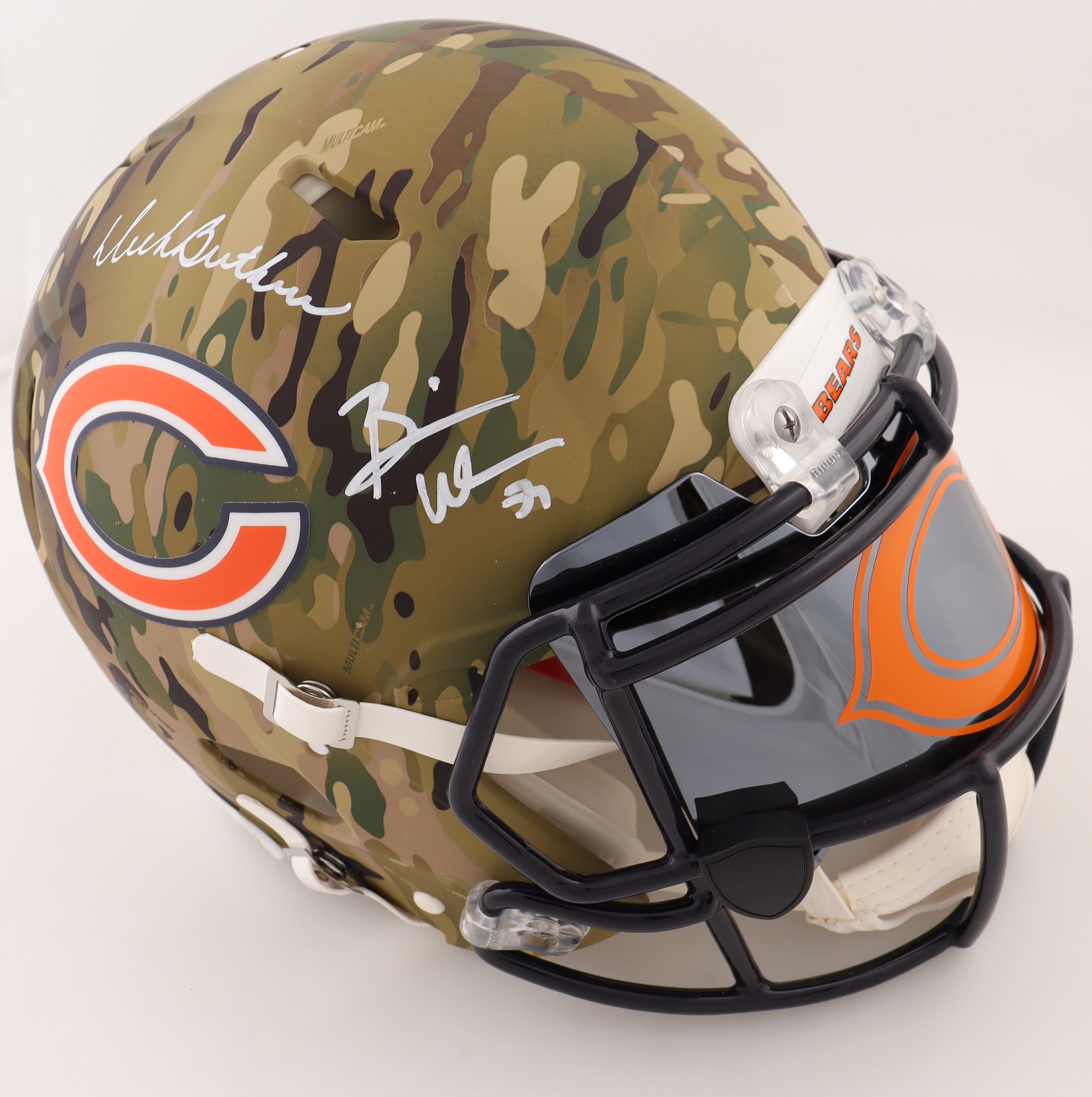 Mike Singletary, Dick Butkus & Brian Urlacher Signed Bears Full-Size Authentic On-Field Camo Alternate Speed Helmet with Visor (Beckett) at PristineAuction.com Mike Singletary, Dick Butkus & Brian Urlacher Signed Bears Full-Size Authentic On-Field Camo Alternate Speed Helmet with Visor (Beckett) at PristineAuction.com