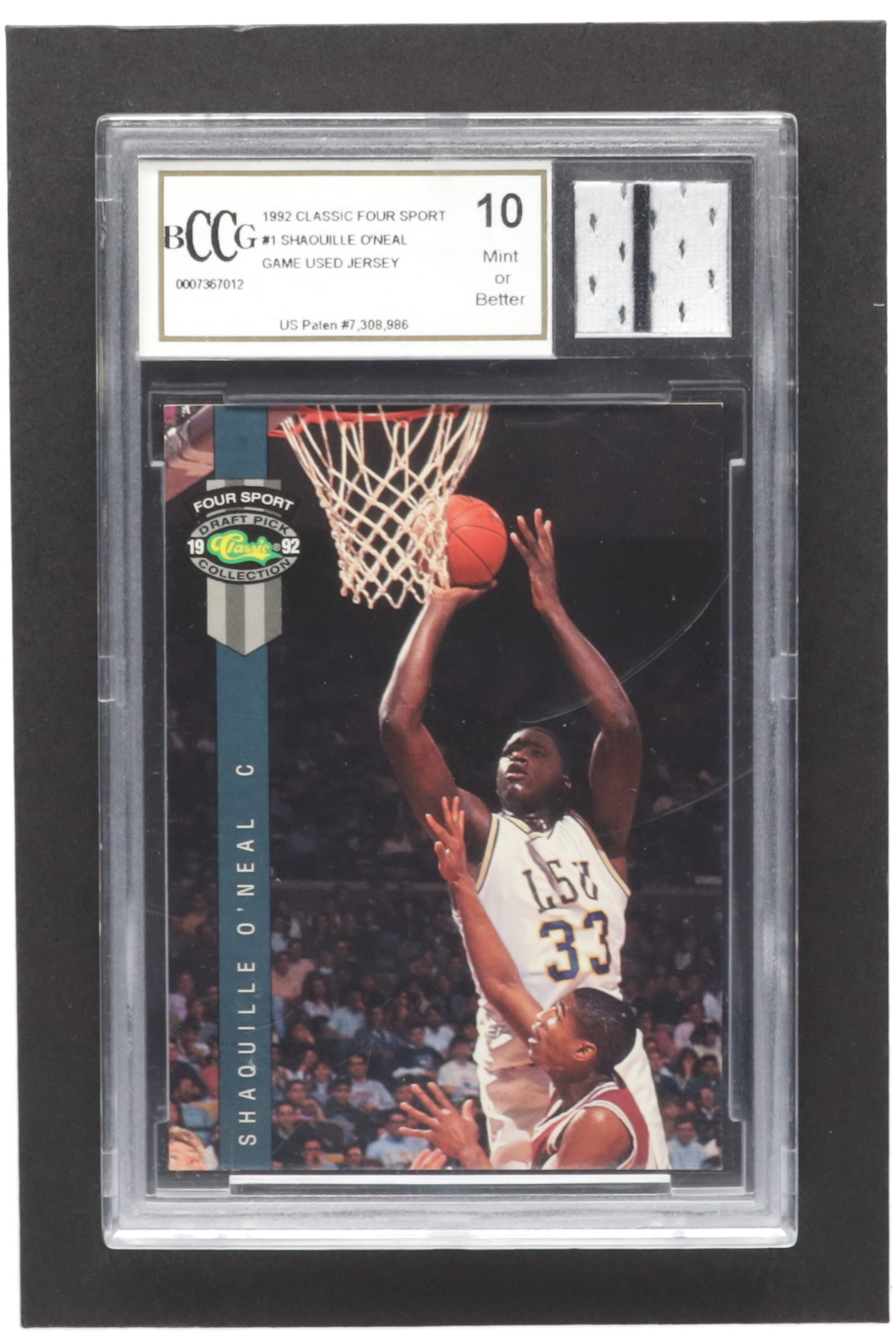 Shaquille O'Neal 1992 Classic Four Sport #1 RC with Game-Used Jersey Piece (BCCG 10) at PristineAuction.com Shaquille O'Neal 1992 Classic Four Sport #1 RC with Game-Used Jersey Piece (BCCG 10) at PristineAuction.com