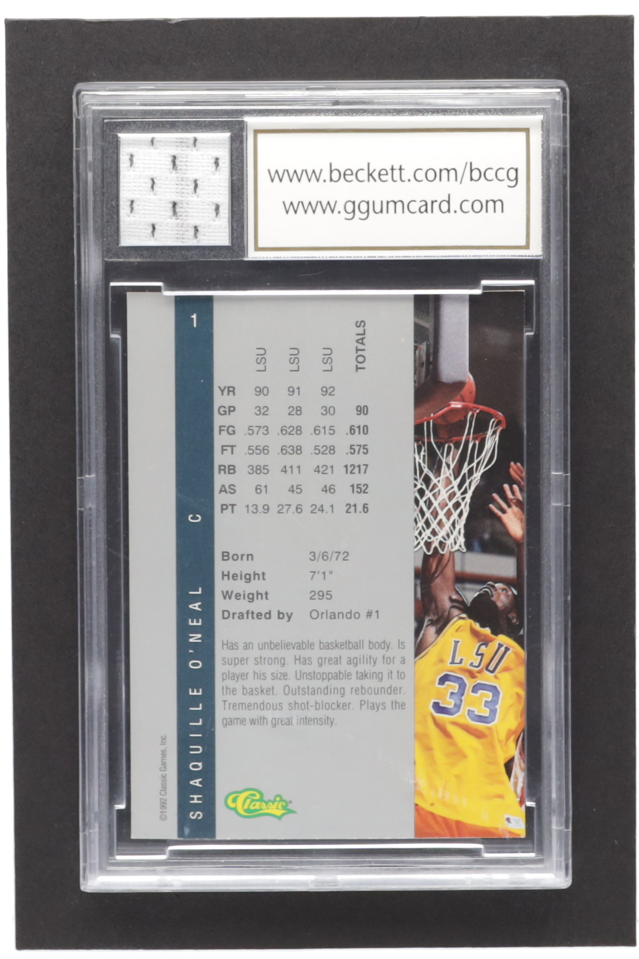 Shaquille O'Neal 1992 Classic Four Sport #1 RC with Game-Used Jersey Piece (BCCG 10) at PristineAuction.com Shaquille O'Neal 1992 Classic Four Sport #1 RC with Game-Used Jersey Piece (BCCG 10) at PristineAuction.com