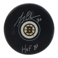 Gerry Cheevers Signed Bruins Logo Hockey Puck Inscribed "HOF 85" (Schwartz) at PristineAuction.com