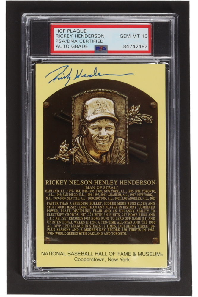 Rickey Henderson Signed Hall of Fame Plaque Postcard (PSA) Pristine