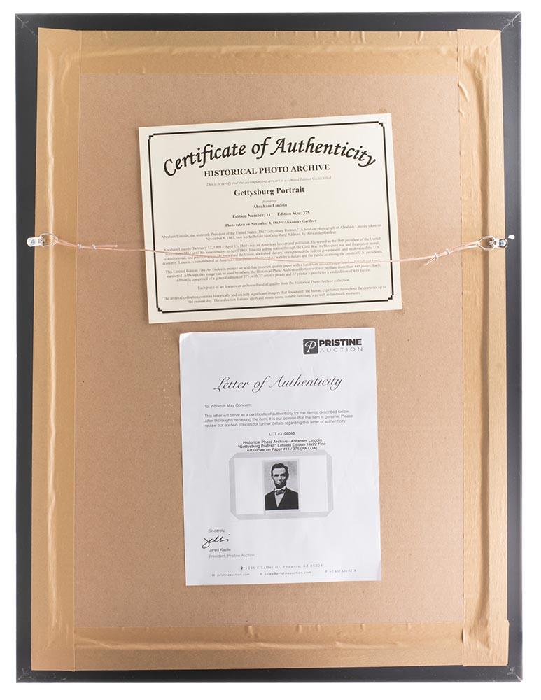 Historical Photo Archive - Abraham Lincoln “Gettysburg Portrait” Limited Edition Custom Framed Giclee Display #/375 (PA LOA) at PristineAuction.com Historical Photo Archive - Abraham Lincoln “Gettysburg Portrait” Limited Edition Custom Framed Giclee Display #/375 (PA LOA) at PristineAuction.com