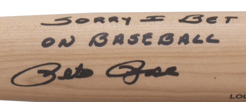 Pete Rose Signed Louisville Slugger Baseball Bat Inscribed "Sorry I Bet on Basell" (JSA) at PristineAuction.com Pete Rose Signed Louisville Slugger Baseball Bat Inscribed "Sorry I Bet on Basell" (JSA) at PristineAuction.com