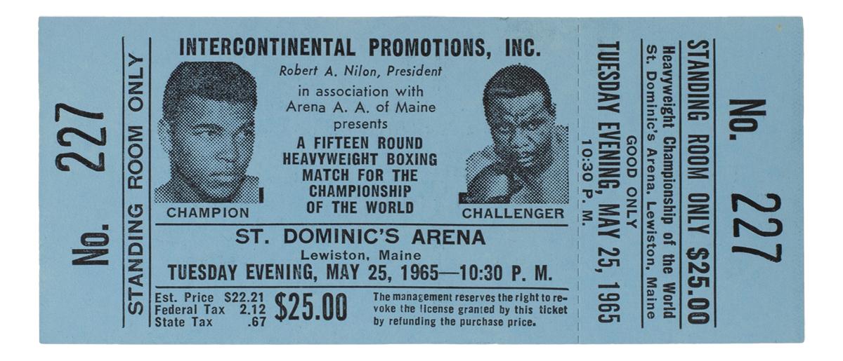 1965 Muhammad Ali Vs Sonny Liston Phantom Punch Boxing Match Blue Full Ticket at PristineAuction.com 1965 Muhammad Ali Vs Sonny Liston Phantom Punch Boxing Match Blue Full Ticket at PristineAuction.com