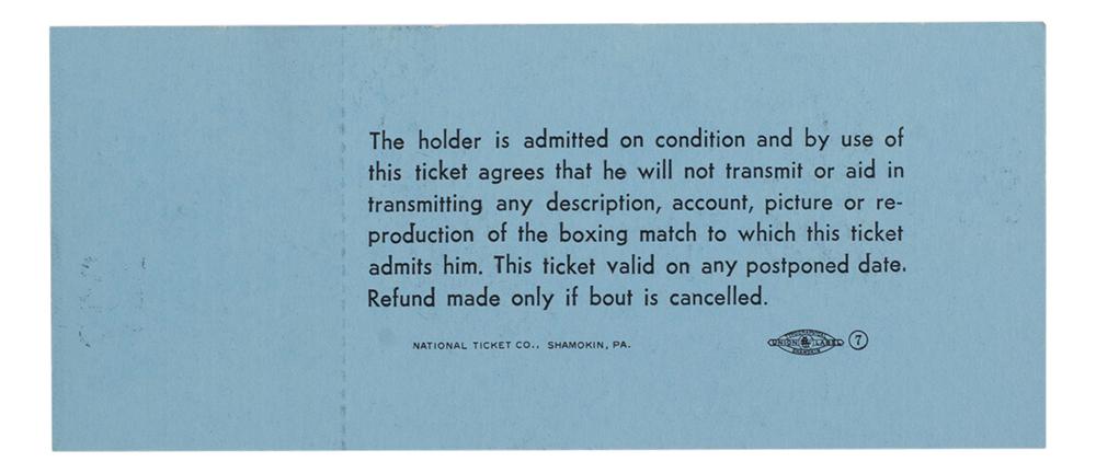 1965 Muhammad Ali Vs Sonny Liston Phantom Punch Boxing Match Blue Full Ticket at PristineAuction.com 1965 Muhammad Ali Vs Sonny Liston Phantom Punch Boxing Match Blue Full Ticket at PristineAuction.com