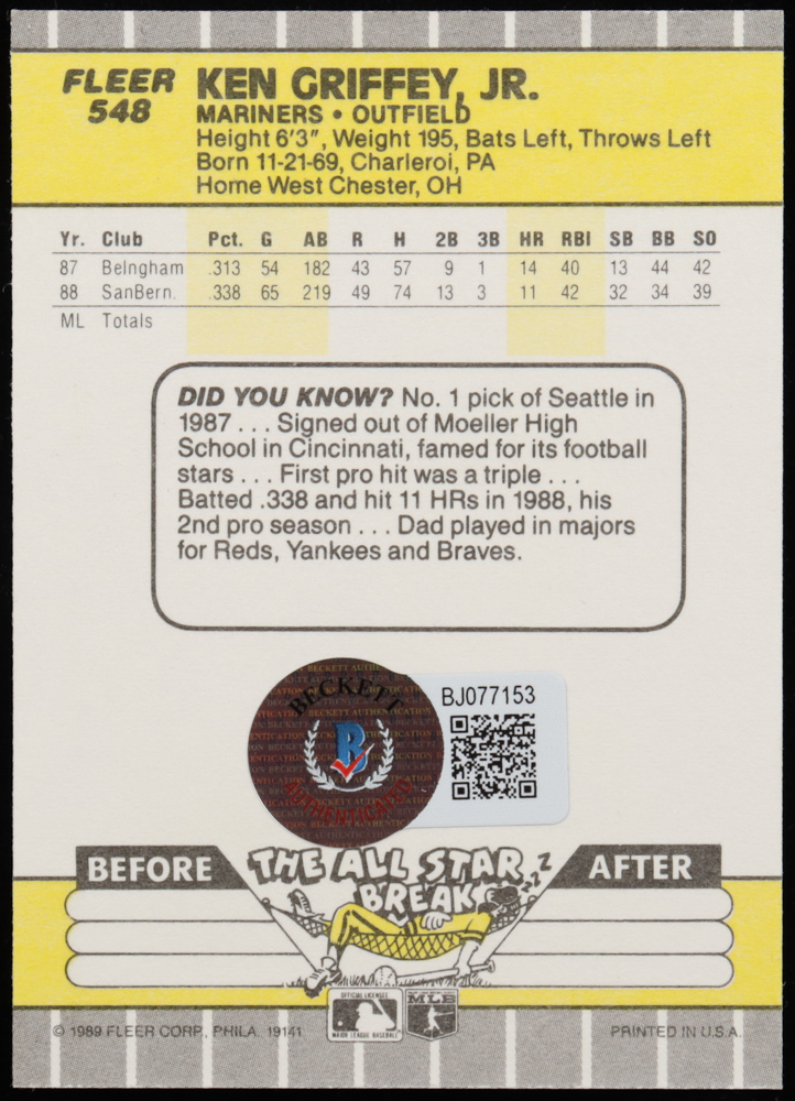 Ken Griffey Jr. Signed 1989 Fleer #548 RC (Beckett) at PristineAuction.com Ken Griffey Jr. Signed 1989 Fleer #548 RC (Beckett) at PristineAuction.com