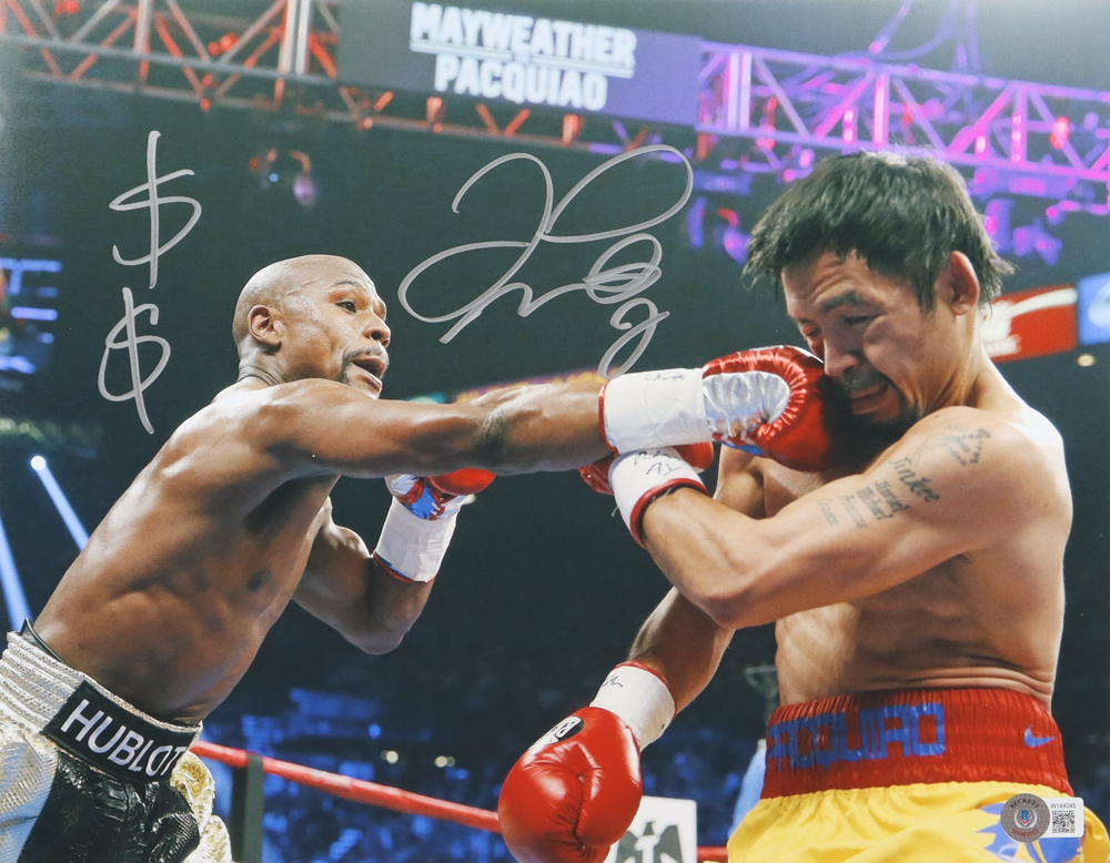 Floyd Mayweather Jr. Signed 11x14 Photo vs. Manny Pacquiao Inscribed "$ $" (Beckett) at PristineAuction.com Floyd Mayweather Jr. Signed 11x14 Photo vs. Manny Pacquiao Inscribed "$ $" (Beckett) at PristineAuction.com