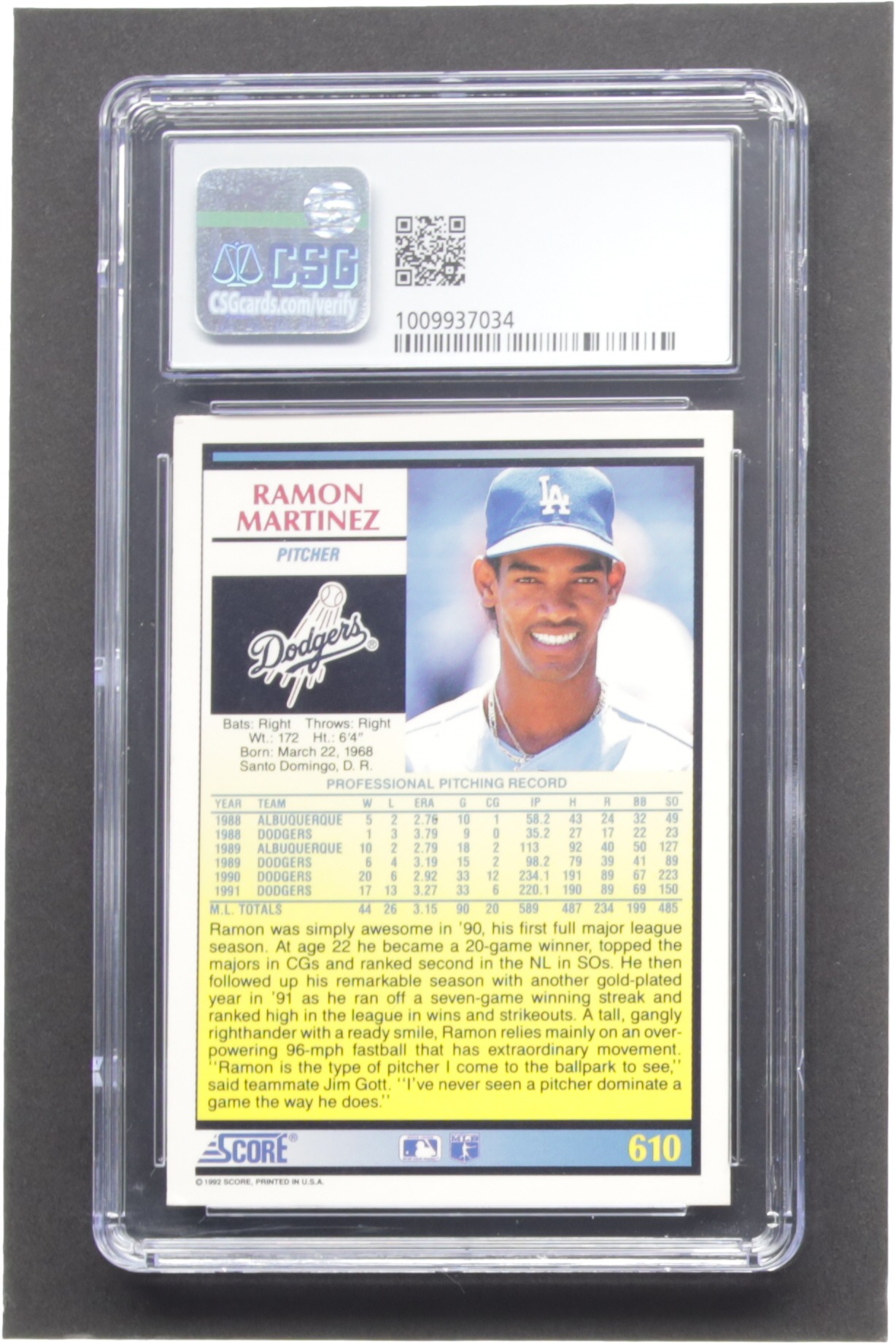 Ramon Martinez 1992 Score #610 (CSG 7) at PristineAuction.com Ramon Martinez 1992 Score #610 (CSG 7) at PristineAuction.com