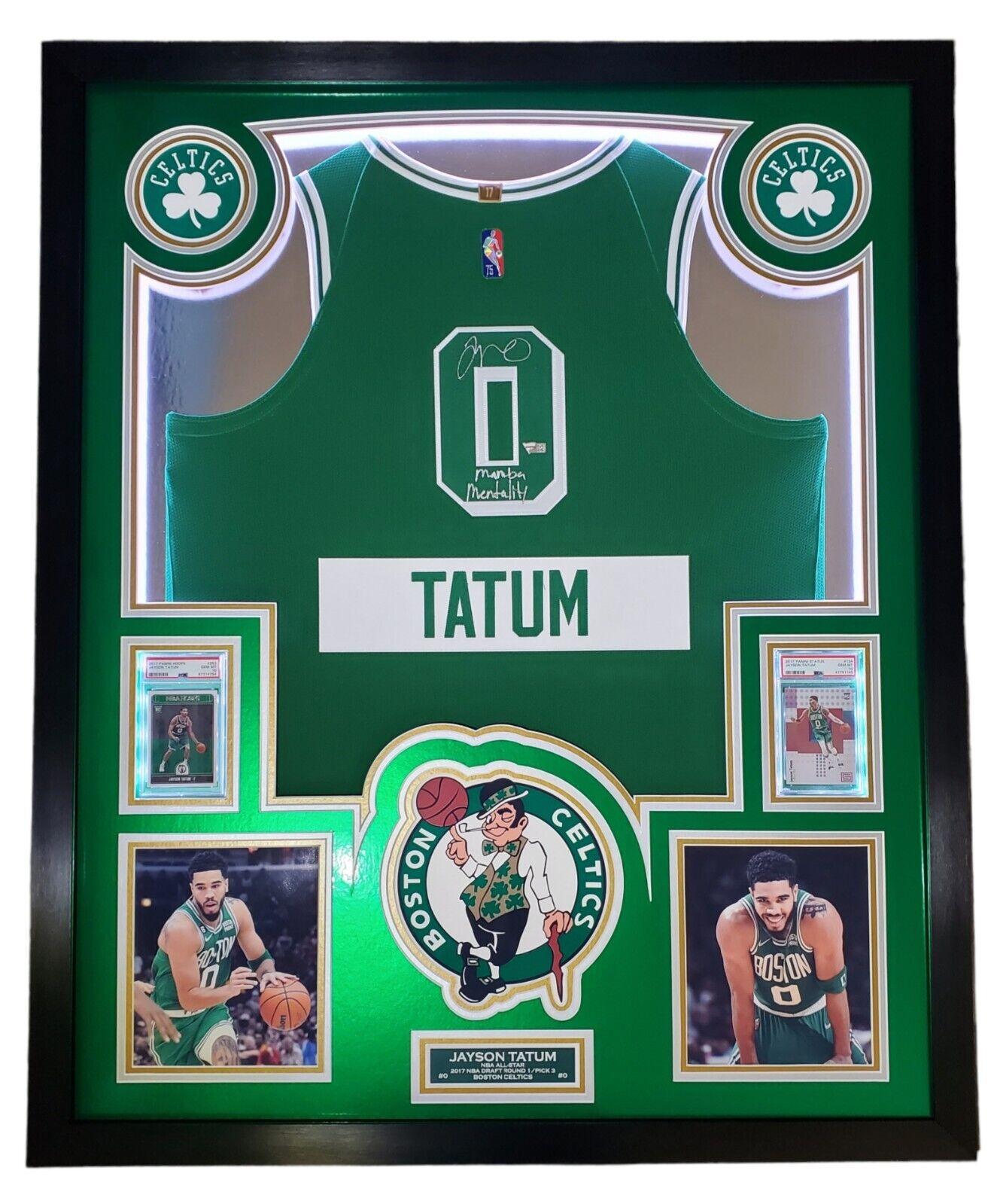 Jayson Tatum Signed Celtics Custom Framed Jersey Display with LED Backlit Display Inscribed "Mamba Mentality" with 2017 Panini Status #128 & 2017 Panini NBA Hoops #253 (Fanatics) at PristineAuction.com Jayson Tatum Signed Celtics Custom Framed Jersey Display with LED Backlit Display Inscribed "Mamba Mentality" with 2017 Panini Status #128 & 2017 Panini NBA Hoops #253 (Fanatics) at PristineAuction.com