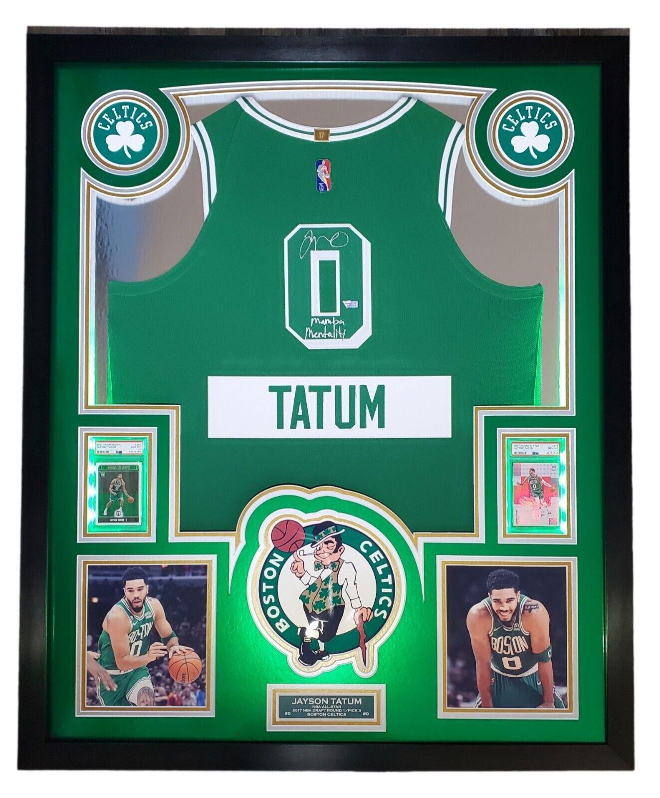 Jayson Tatum Signed Celtics Custom Framed Jersey Display with LED Backlit Display Inscribed "Mamba Mentality" with 2017 Panini Status #128 & 2017 Panini NBA Hoops #253 (Fanatics) at PristineAuction.com Jayson Tatum Signed Celtics Custom Framed Jersey Display with LED Backlit Display Inscribed "Mamba Mentality" with 2017 Panini Status #128 & 2017 Panini NBA Hoops #253 (Fanatics) at PristineAuction.com