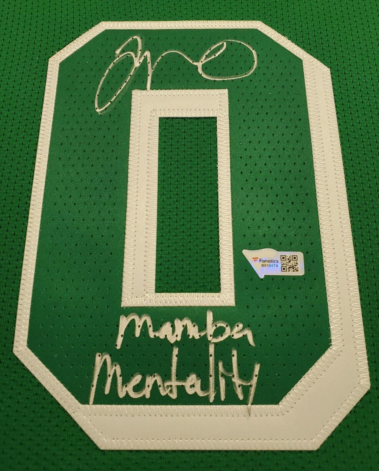 Jayson Tatum Signed Celtics Custom Framed Jersey Display with LED Backlit Display Inscribed "Mamba Mentality" with 2017 Panini Status #128 & 2017 Panini NBA Hoops #253 (Fanatics) at PristineAuction.com Jayson Tatum Signed Celtics Custom Framed Jersey Display with LED Backlit Display Inscribed "Mamba Mentality" with 2017 Panini Status #128 & 2017 Panini NBA Hoops #253 (Fanatics) at PristineAuction.com
