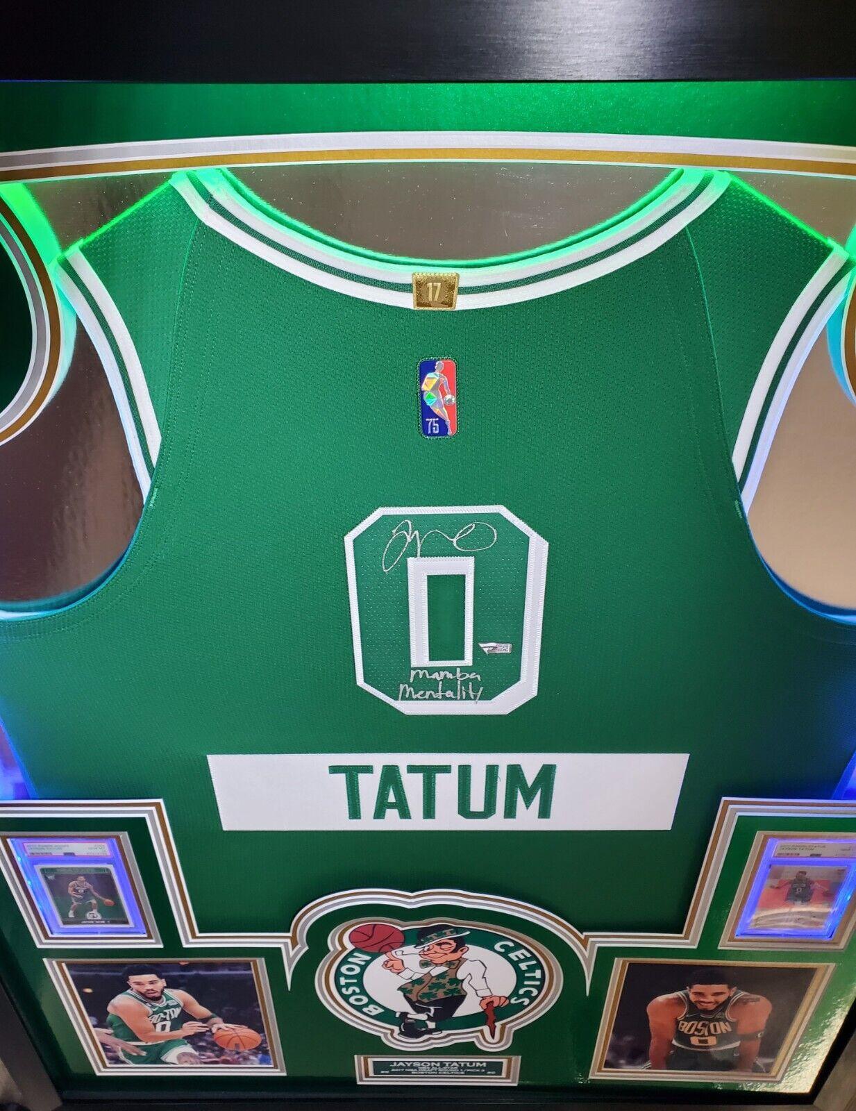 Jayson Tatum Signed Celtics Custom Framed Jersey Display with LED Backlit Display Inscribed "Mamba Mentality" with 2017 Panini Status #128 & 2017 Panini NBA Hoops #253 (Fanatics) at PristineAuction.com Jayson Tatum Signed Celtics Custom Framed Jersey Display with LED Backlit Display Inscribed "Mamba Mentality" with 2017 Panini Status #128 & 2017 Panini NBA Hoops #253 (Fanatics) at PristineAuction.com