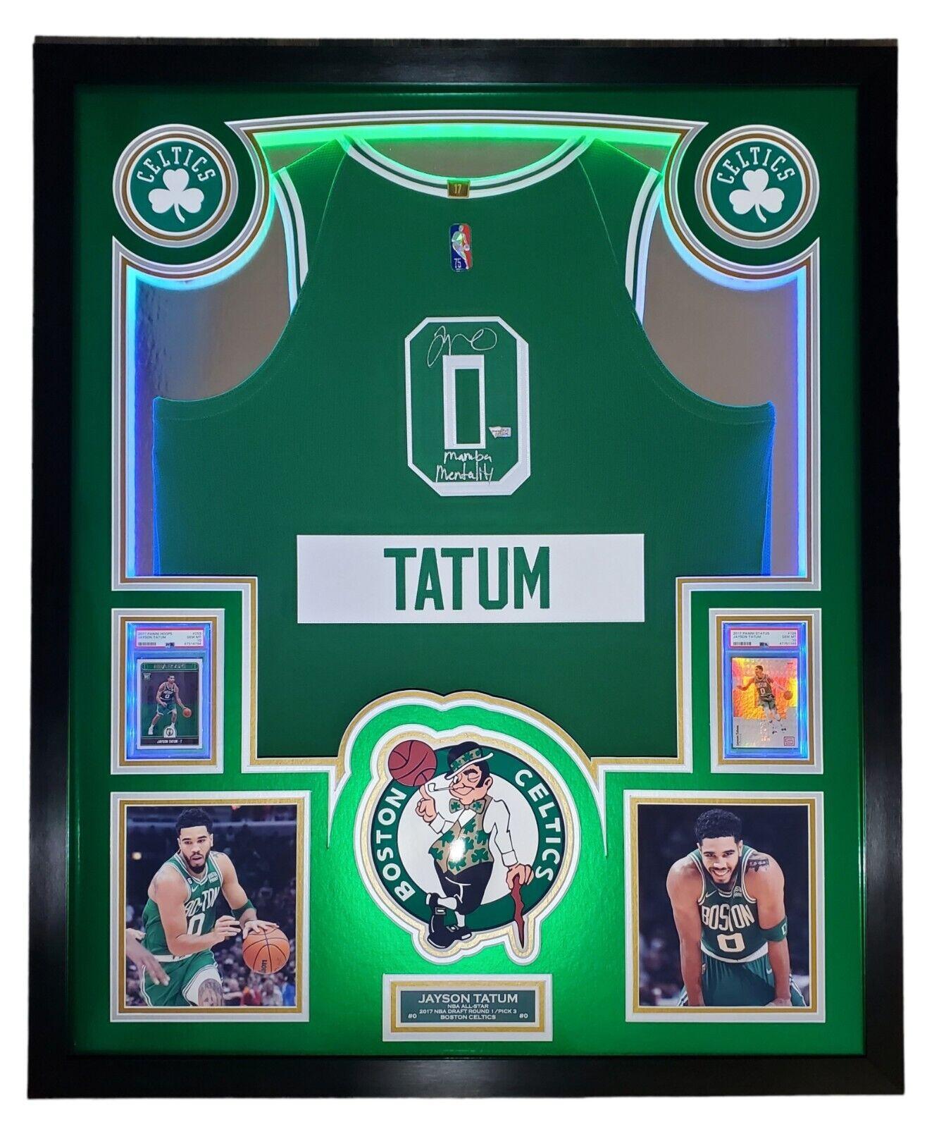 Jayson Tatum Signed Celtics Custom Framed Jersey Display with LED Backlit Display Inscribed "Mamba Mentality" with 2017 Panini Status #128 & 2017 Panini NBA Hoops #253 (Fanatics) at PristineAuction.com Jayson Tatum Signed Celtics Custom Framed Jersey Display with LED Backlit Display Inscribed "Mamba Mentality" with 2017 Panini Status #128 & 2017 Panini NBA Hoops #253 (Fanatics) at PristineAuction.com