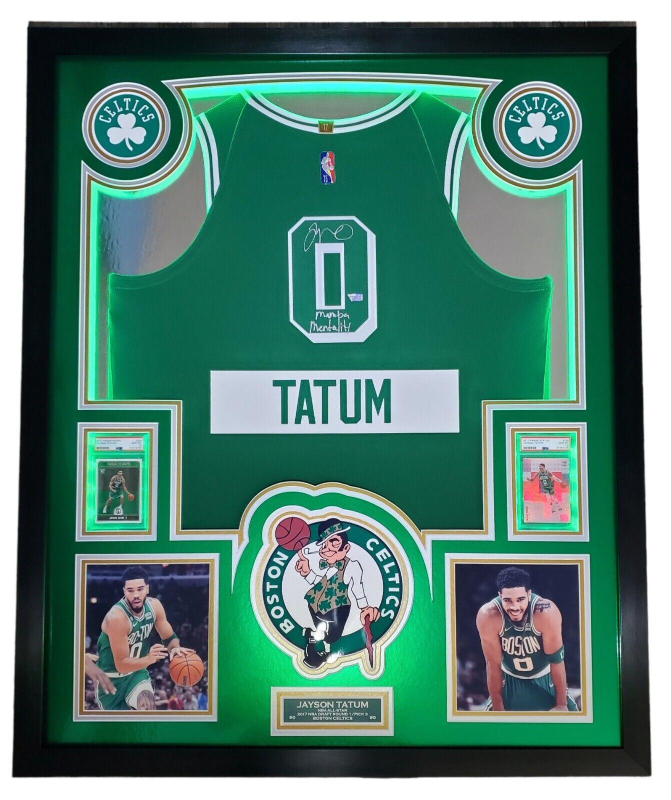 Jayson Tatum Signed Celtics Custom Framed Jersey Display with LED Backlit Display Inscribed "Mamba Mentality" with 2017 Panini Status #128 & 2017 Panini NBA Hoops #253 (Fanatics) at PristineAuction.com Jayson Tatum Signed Celtics Custom Framed Jersey Display with LED Backlit Display Inscribed "Mamba Mentality" with 2017 Panini Status #128 & 2017 Panini NBA Hoops #253 (Fanatics) at PristineAuction.com