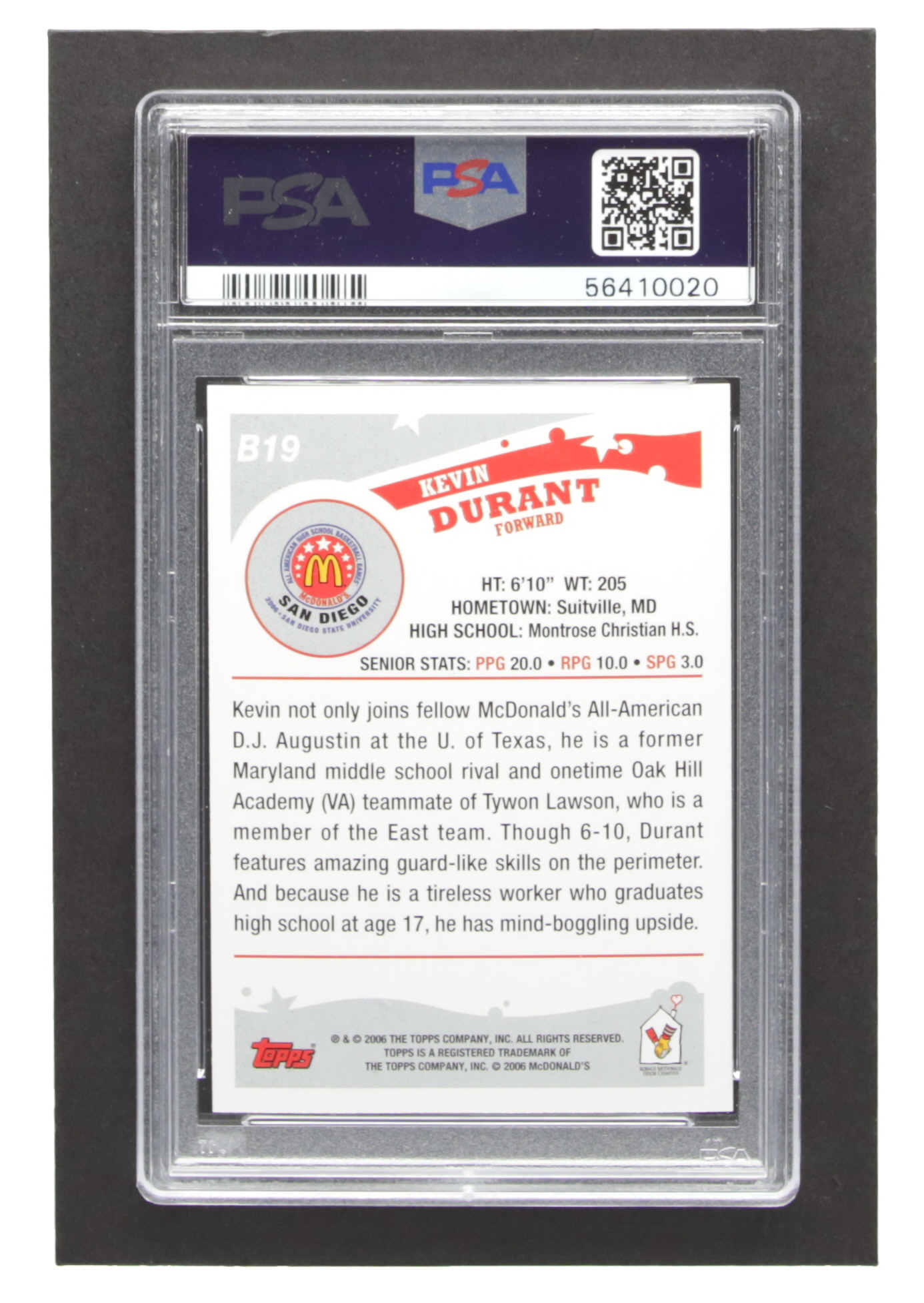 Kevin Durant 2006 Topps McDonald's All-American #B19 (PSA 9) at PristineAuction.com Kevin Durant 2006 Topps McDonald's All-American #B19 (PSA 9) at PristineAuction.com