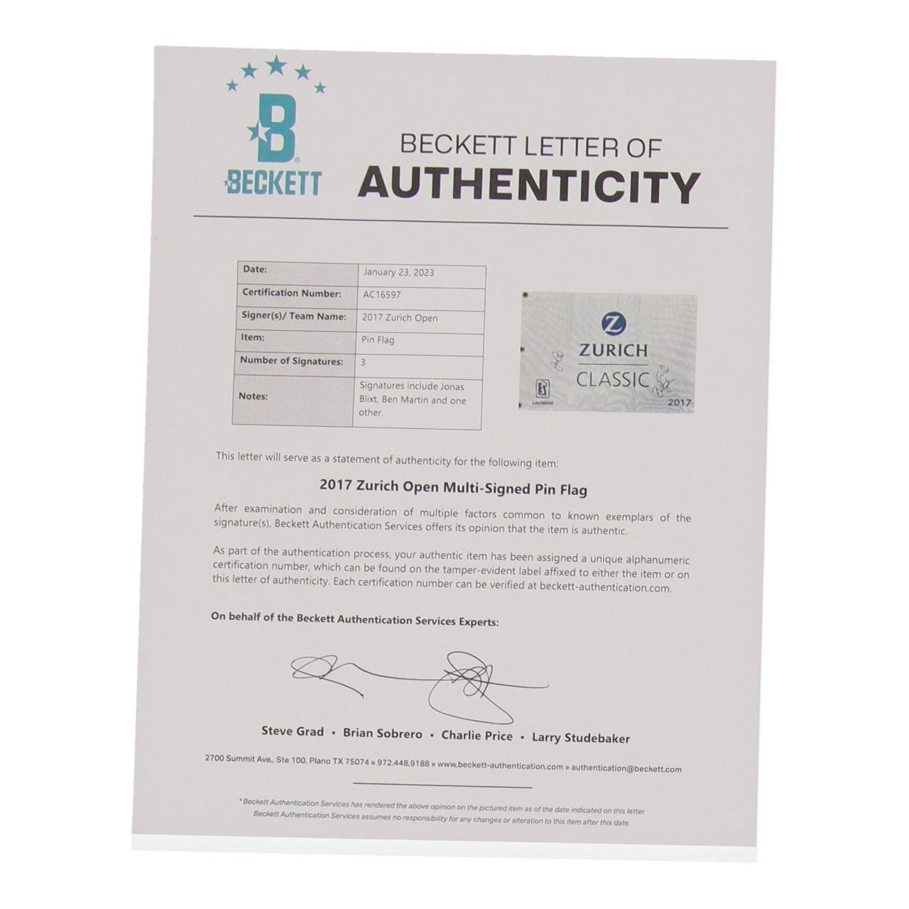 Jonas Blixt & Ben Martin Signed 2017 Zurich Classic Full-Size Pin Flag (Beckett & JSA) at PristineAuction.com Jonas Blixt & Ben Martin Signed 2017 Zurich Classic Full-Size Pin Flag (Beckett & JSA) at PristineAuction.com